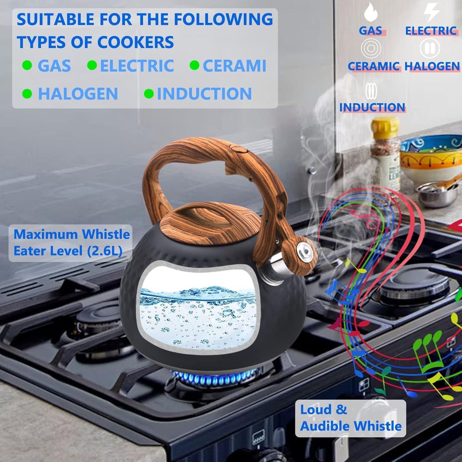 MODERN WALLS LLC Tea Kettle, 3.2 Qt Stainless Steel Whistling Kettle For Stove Top, Food Grade Teapot With Wood Pattern Handle For Coffee, Milk Etc, Gas Electric Applicable