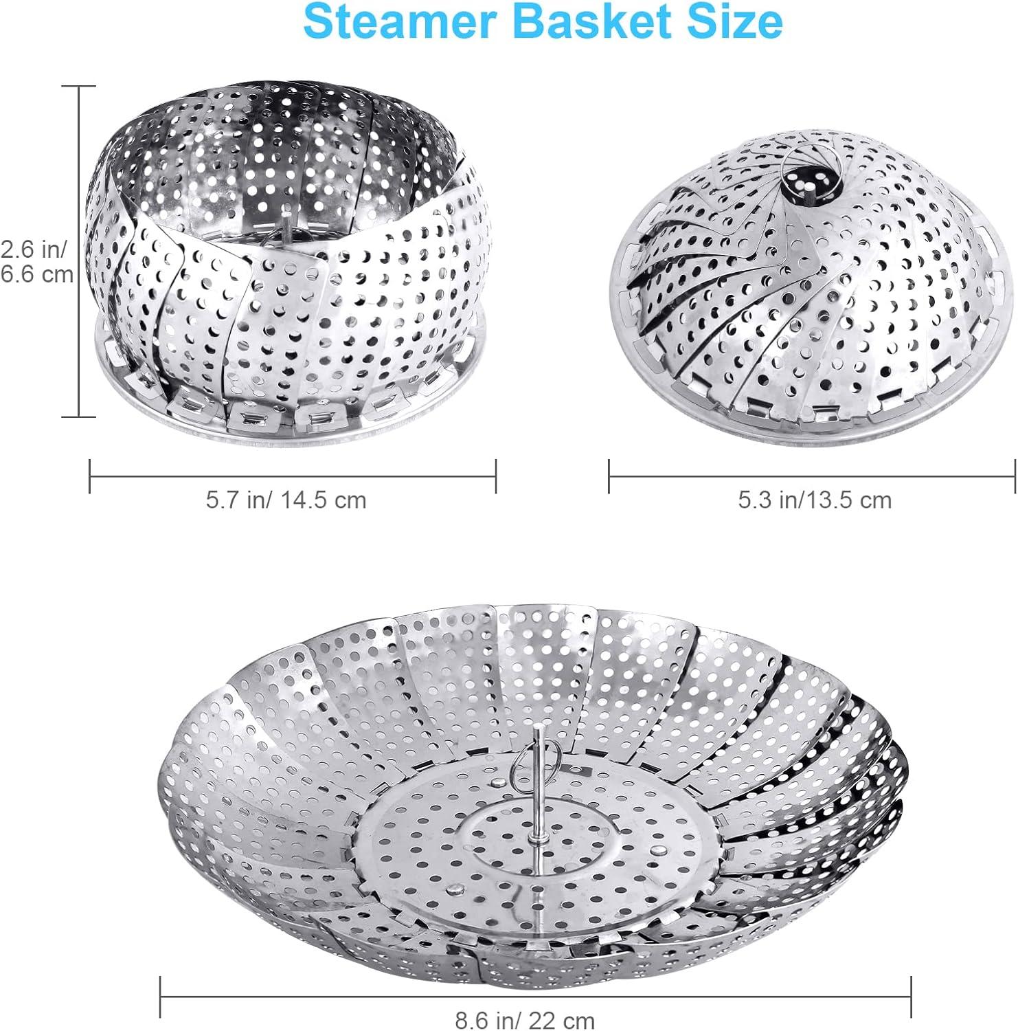 Stainless Steel Collapsible Steamer Basket with Lid, 5.3" to 8.6"