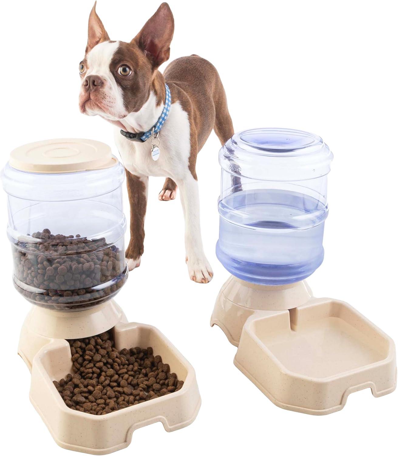 Beige and Clear Automatic Pet Feeder and Water Dispenser Set