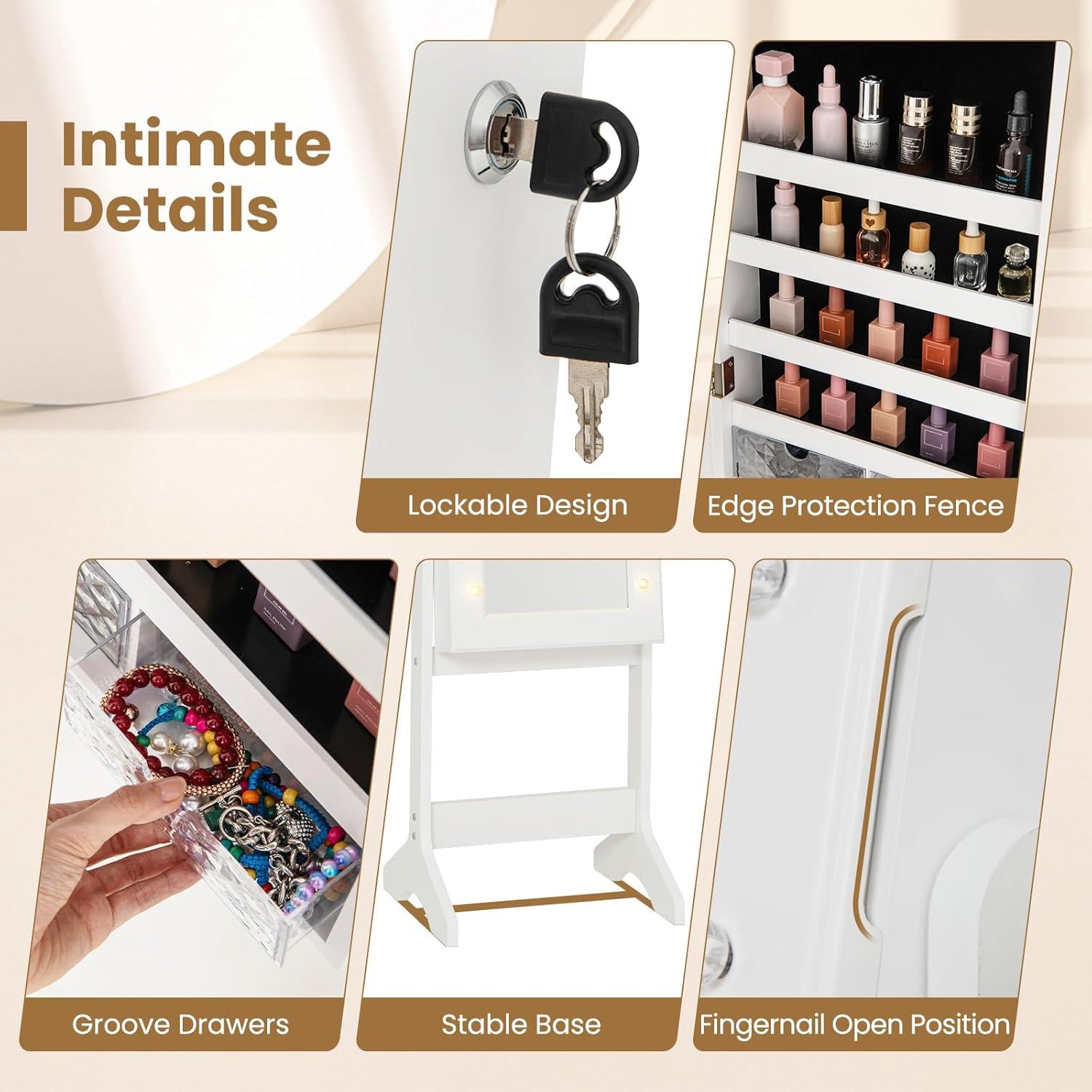 KAMABOKO 22"W Spacious Jewelry Armoire with Full-Length Mirror and Rear Storage Space