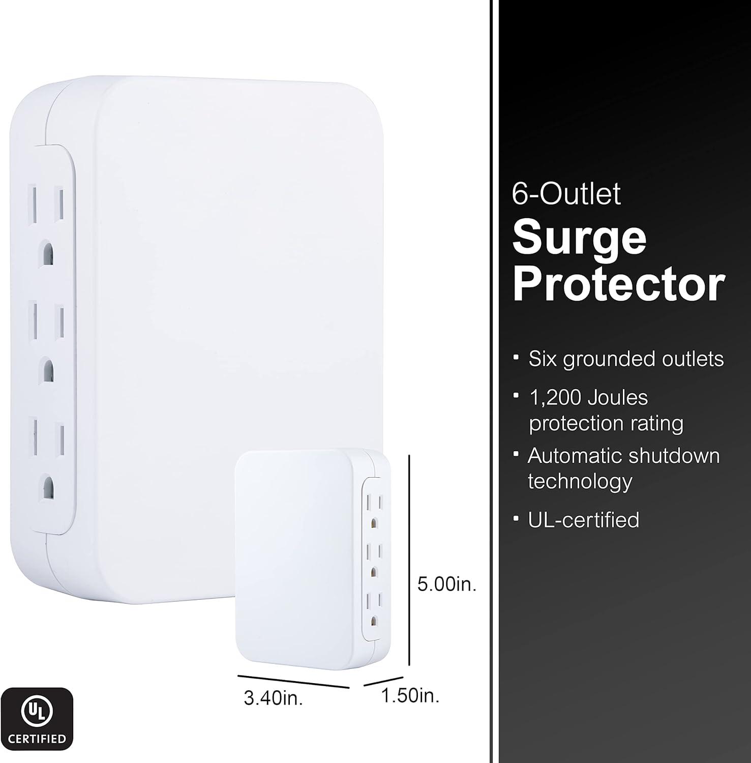 GE Pro 6-Outlet Side-Access Wall Adapter Surge Protector, White, 10353