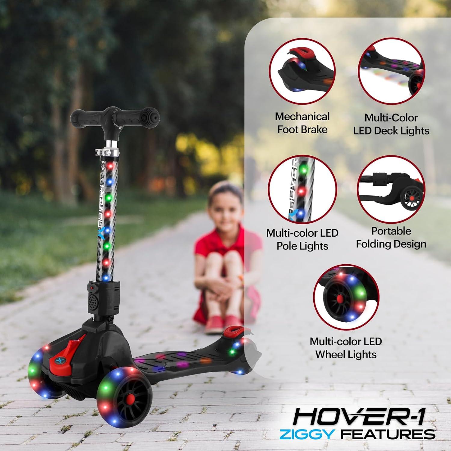 Hover-1 KidsGear Ziggy Folding Kick Scooter, Black, LED Lights, Safe For Kids, 3 Wheels