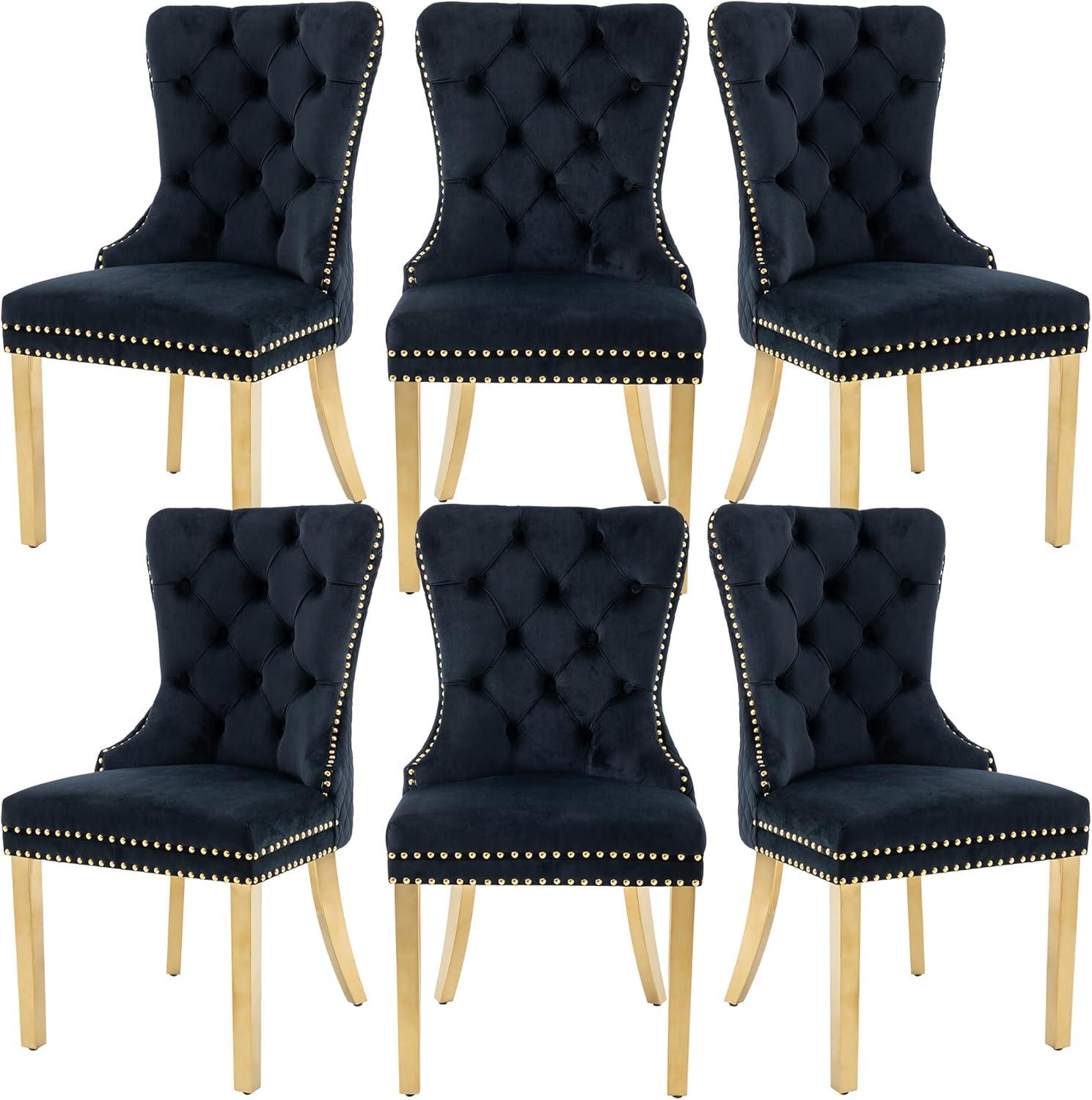 ODUSE-DAILY Black Velvet Dining Chairs Set of 6, Kitchen & Dining Room Chairs, Nailheads Tufted, Sillas De Comedor, Fabric Upholstered, Golden Metal Legs (Black, 6 Pcs)