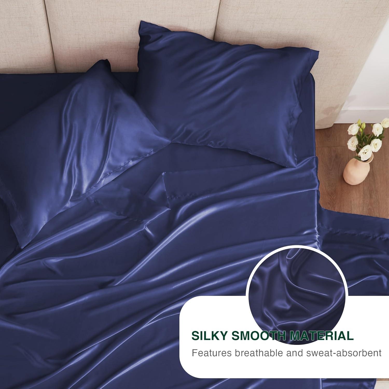 Satin Bed Sheets Full Size Sheet Sets, Navy Blue Silk Sheets, 4 - Pieces Soft Bedding Set with 1 Deep Pocket Fitted Sheet,1 Flat Sheet,2 Pillowcase