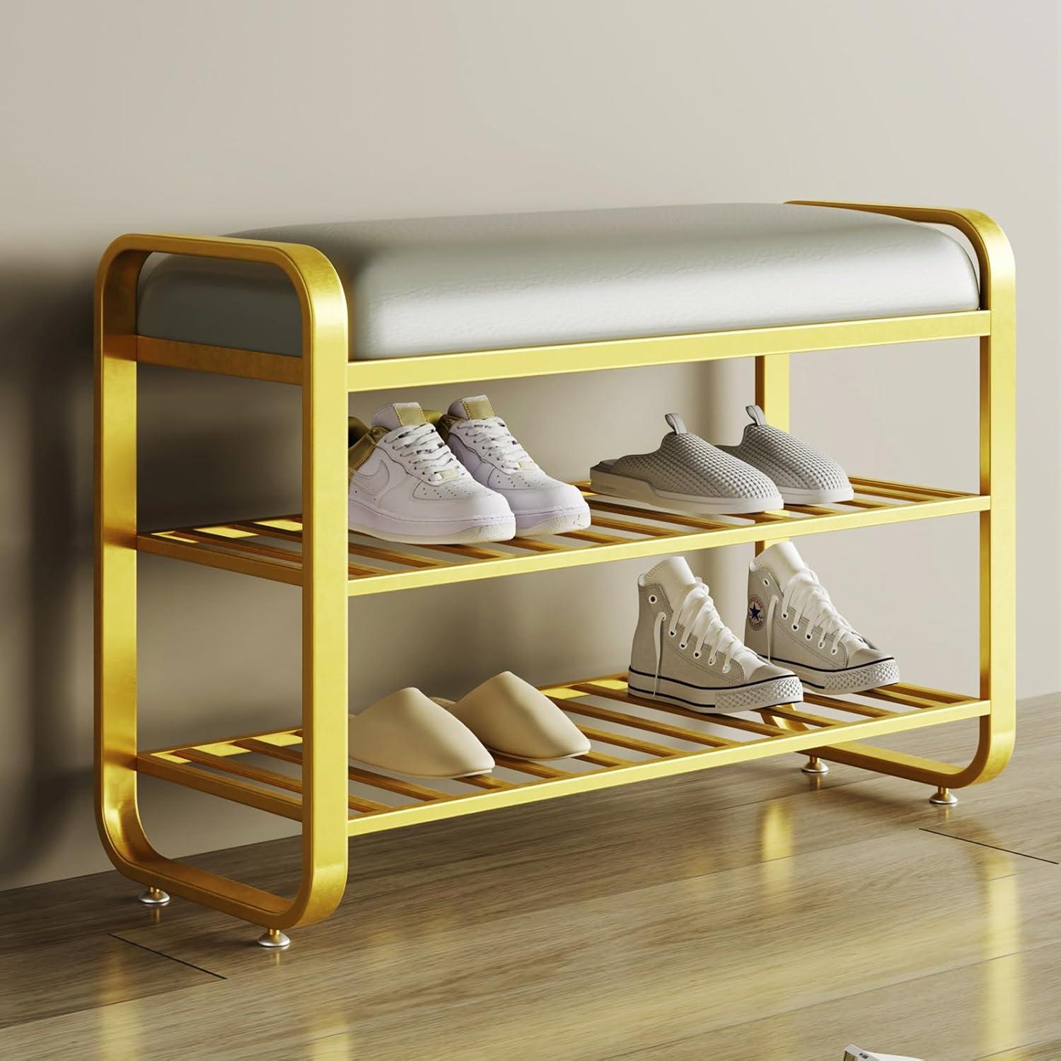 Gold Metal Shoe Storage Bench with Gray Faux Leather Cushion