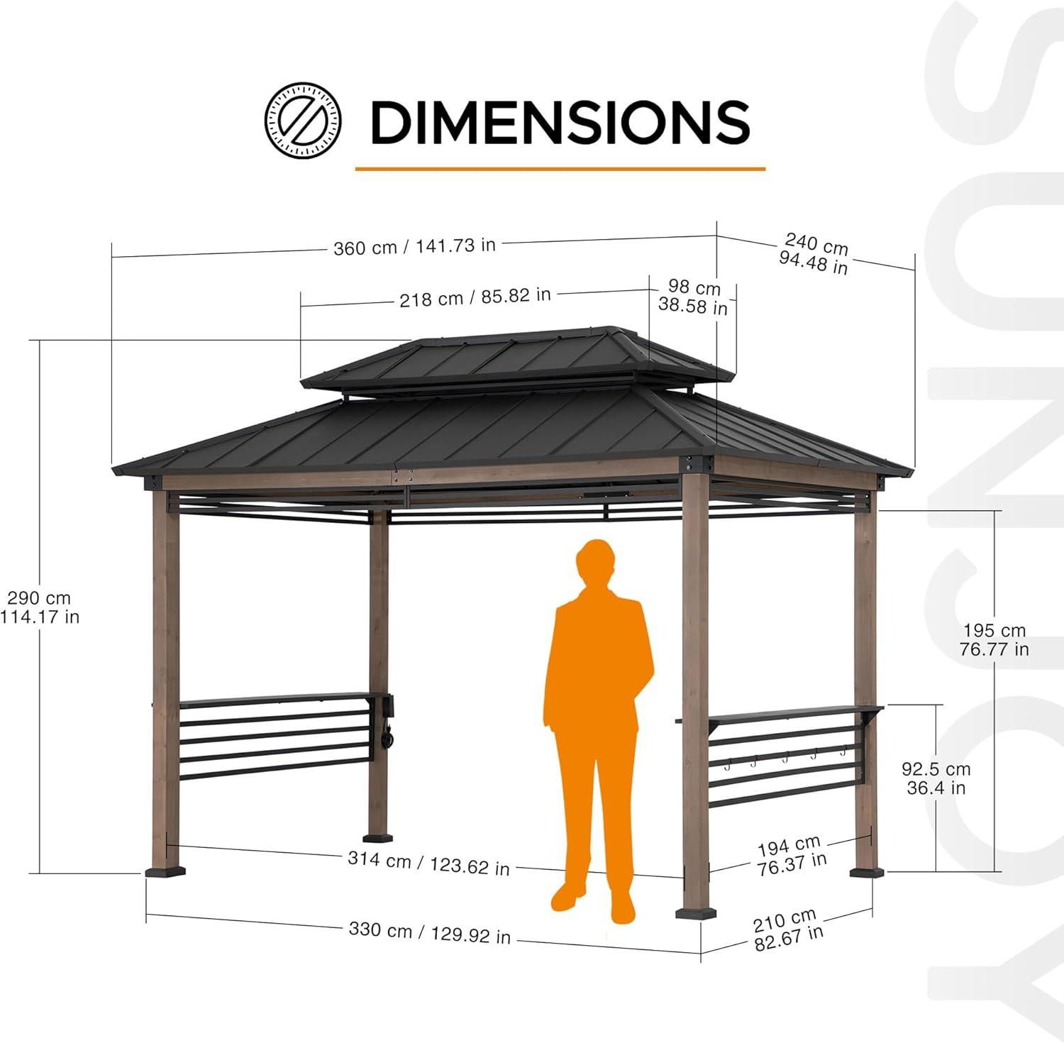 Sunjoy Sunjoy Wooden Grill Gazebo with AC Power Port, 8 x 12 ft. Steel Hardtop Outdoor Gazebo for Year-Round Grilling, Cedar Framed Gazebo with Built-in Electrical Outlets and Decorative Fence