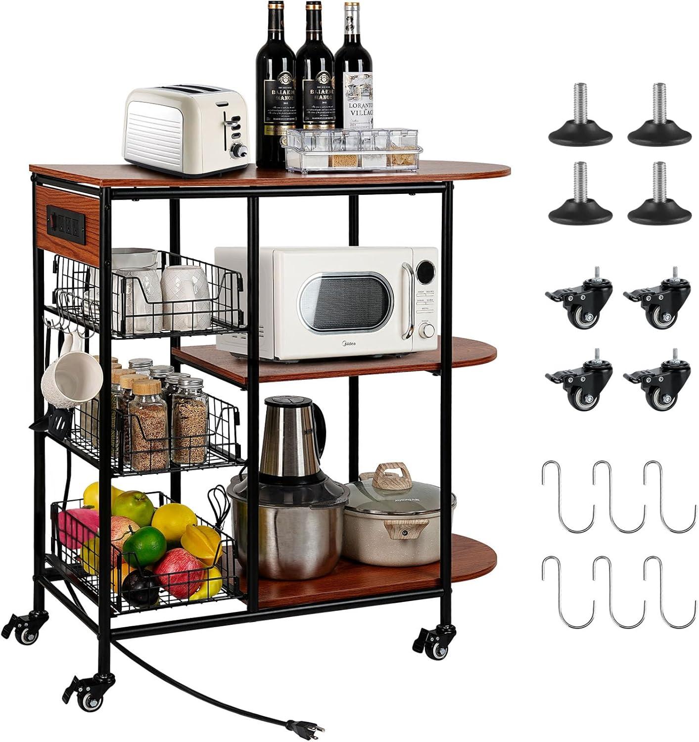 Kitchen Bakers Rack with Power Outlet, Microwave Stand with 3 Pull-Out Fruit Basket Storage, Coffee Bar Carts Table on 4 Wheels, 6 S-Hook Storage Shelf for Spice Rack Organizer Workstation, 33.9 inch