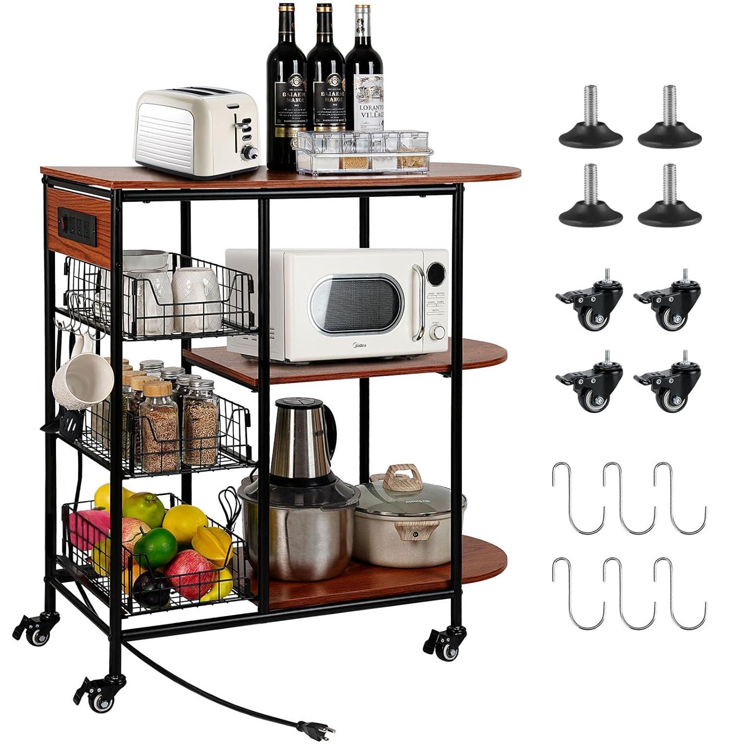 Kitchen Bakers Rack with Power Outlet, Microwave Stand with 3 Pull-Out Fruit Basket Storage, Coffee Bar Carts Table on 4 Wheels, 6 S-Hook Storage Shelf for Spice Rack Organizer Workstation, 33.9 inch