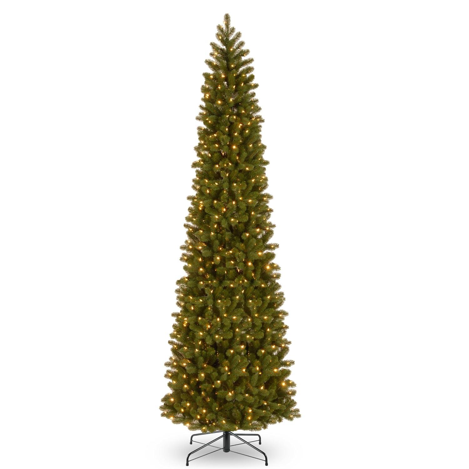 12' Prelit Pencil Slim Feel Real Downswept Douglas Fir Artificial Christmas Tree Dual Color Lights - National Tree Company