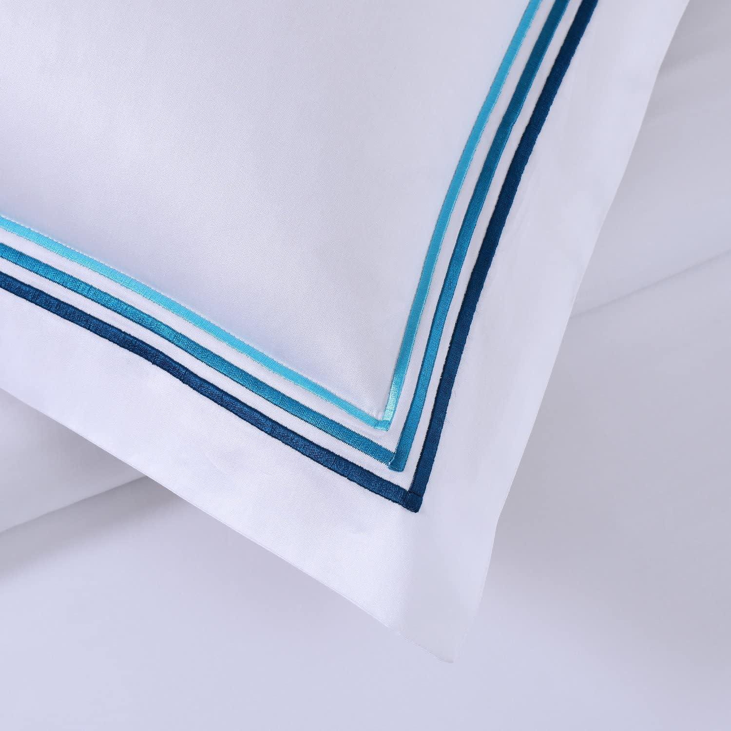 Teal Embroidered White Cotton King/Cal King Duvet Cover Set