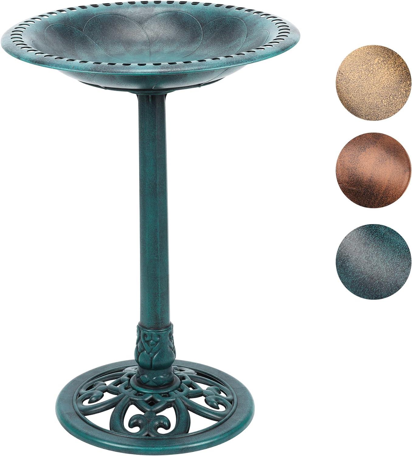 VINGLI Pedestal Bird Bath 28 Inch Antique Green Resin Birdbaths Vintage Garden Decor for Outdoor Lightweight