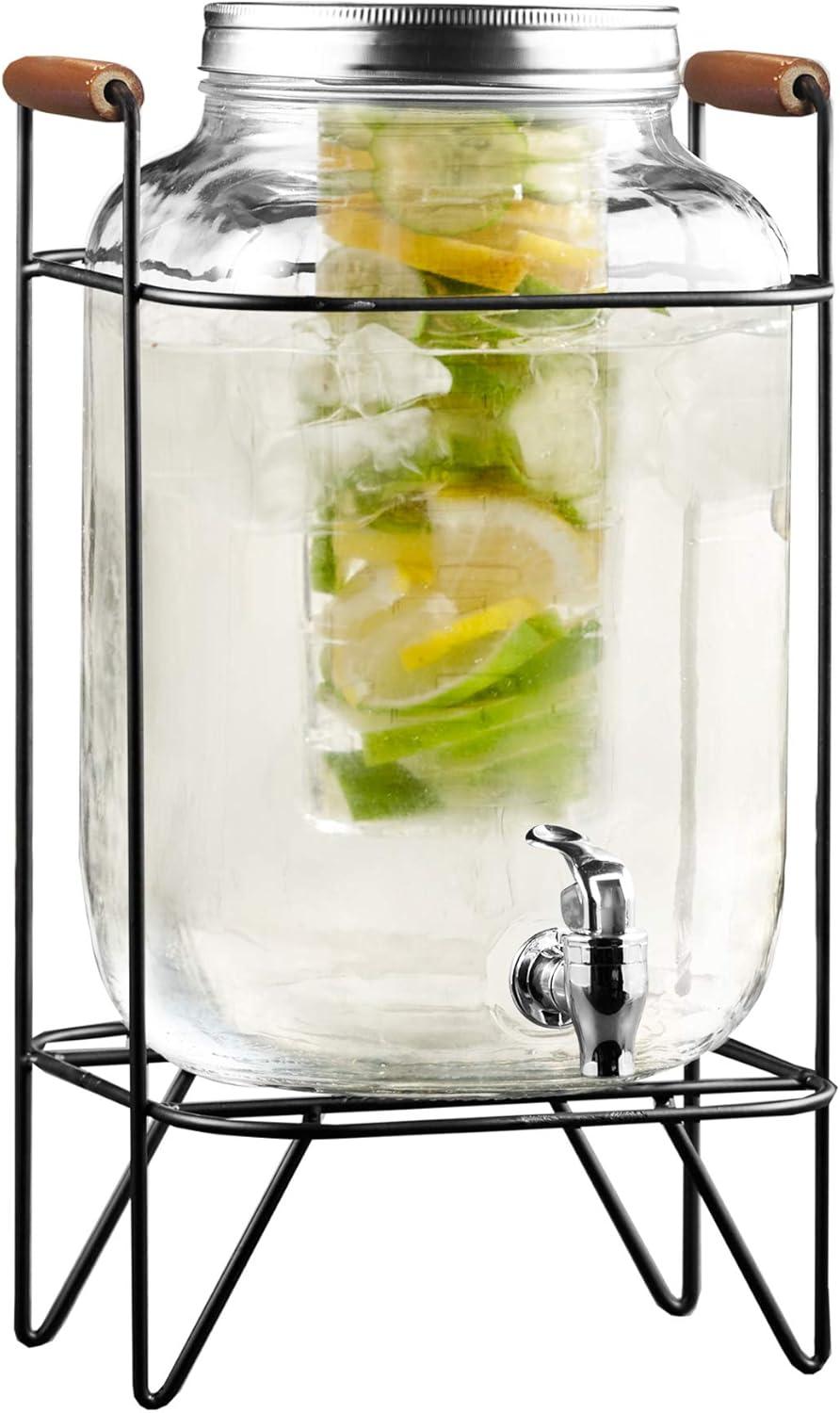 Clear Glass Beverage Dispenser with Metal Stand and Lid, 2 Gallon