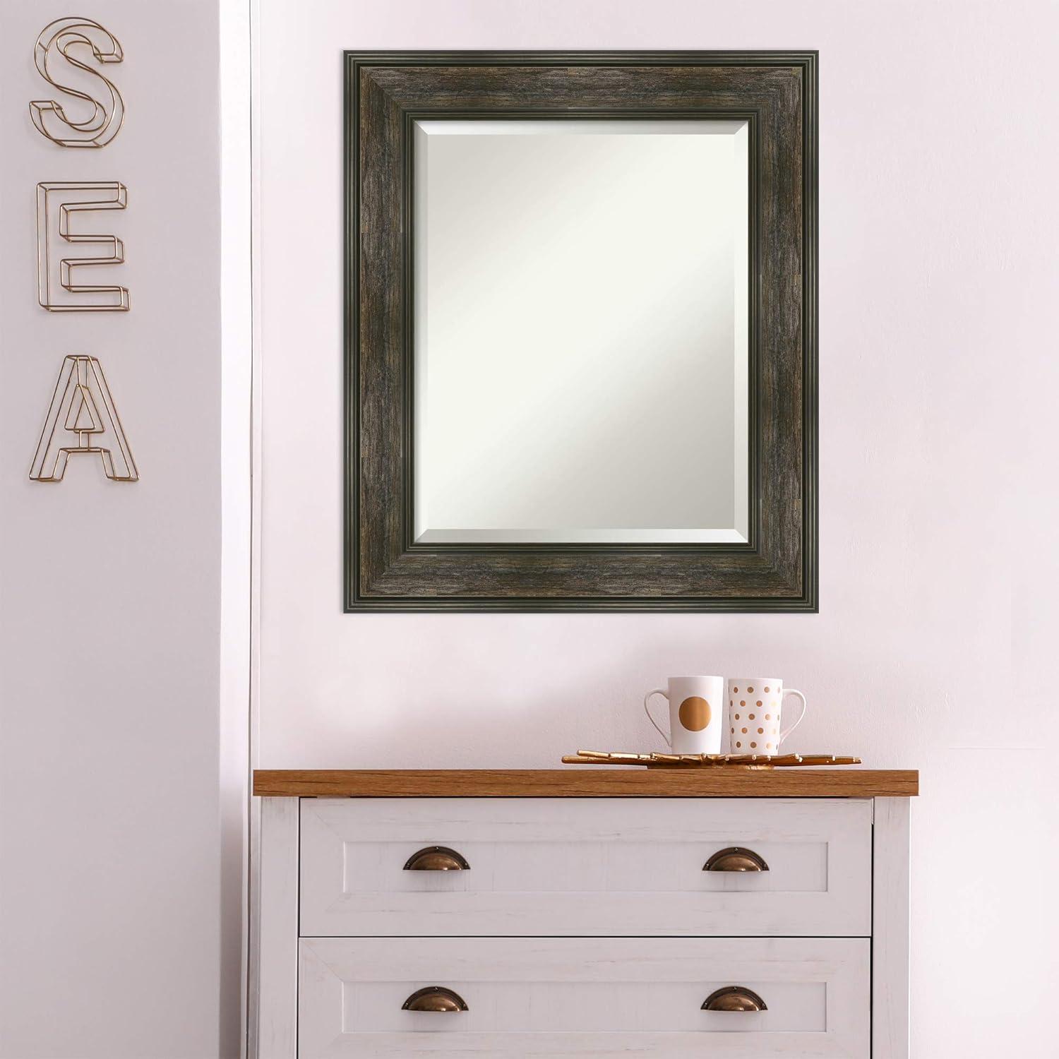 Amanti Art Beveled Bathroom Wall Mirror - Rail Rustic Char Frame - Rail Rustic Char Outer Size: 22 x 26 in
