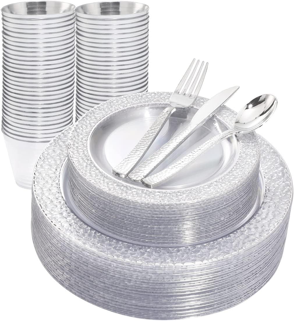 Elegant Clear and Silver Disposable Dinnerware Set for 25 Guests