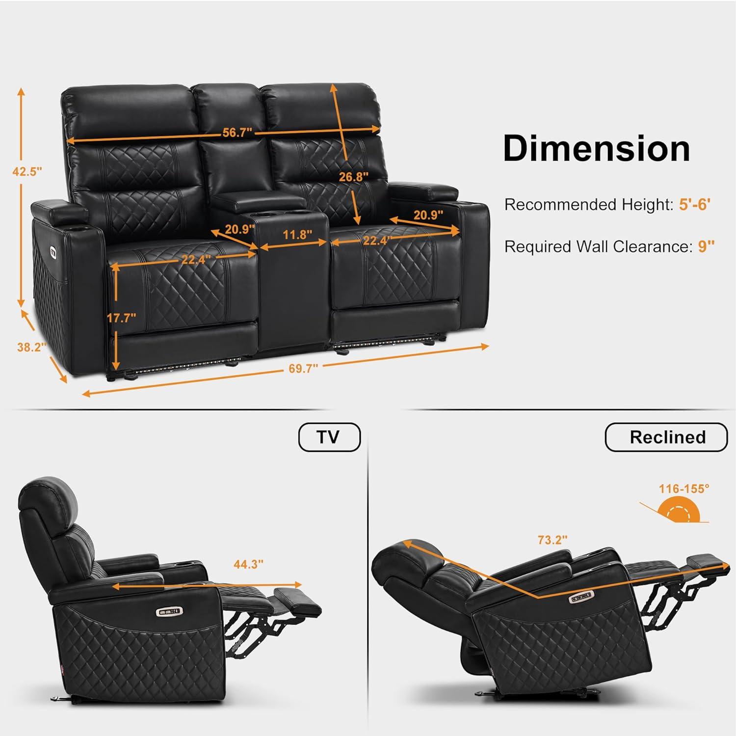 MCombo Power Reclining Loveseat Sofa with Adjustable Headrests and Console, Home Theater Seating with Armrest Storage, USB & Type-C Ports for Living Room HTS480