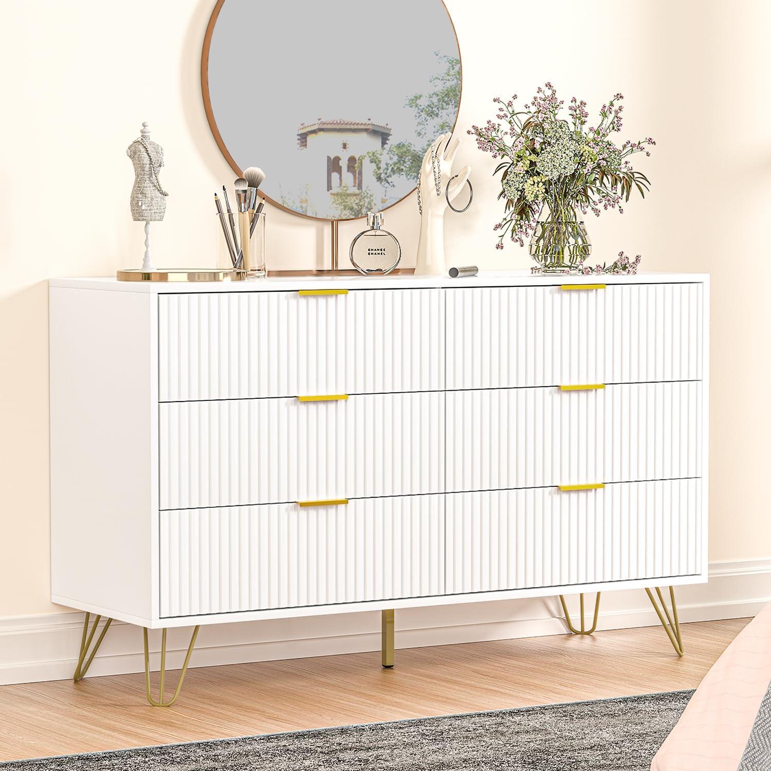 White Fluted 6-Drawer Dresser with Gold Handles