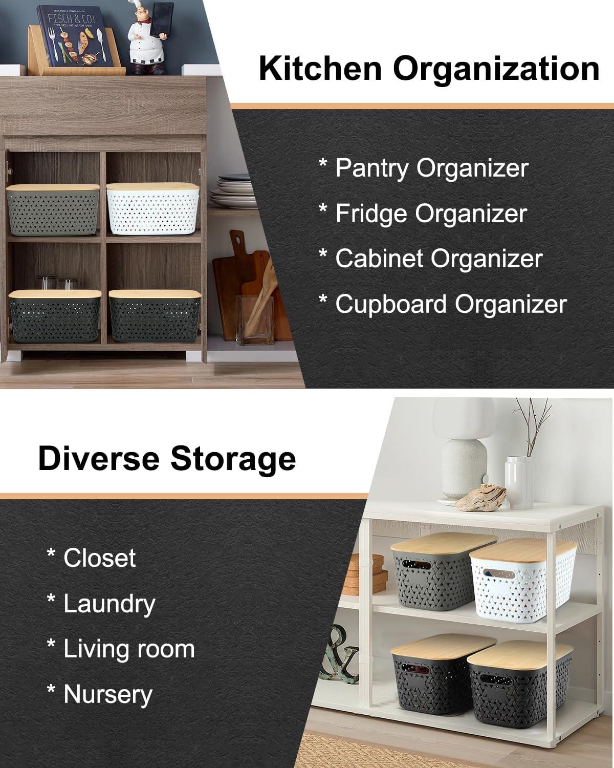 AREYZIN Plastic Storage Bins with Bamboo lids and Stackable Storage Baskets for Shelves Drawers Desktop Closet - Organize Your Home or Office with These Space-Saving Storage Solution,Black