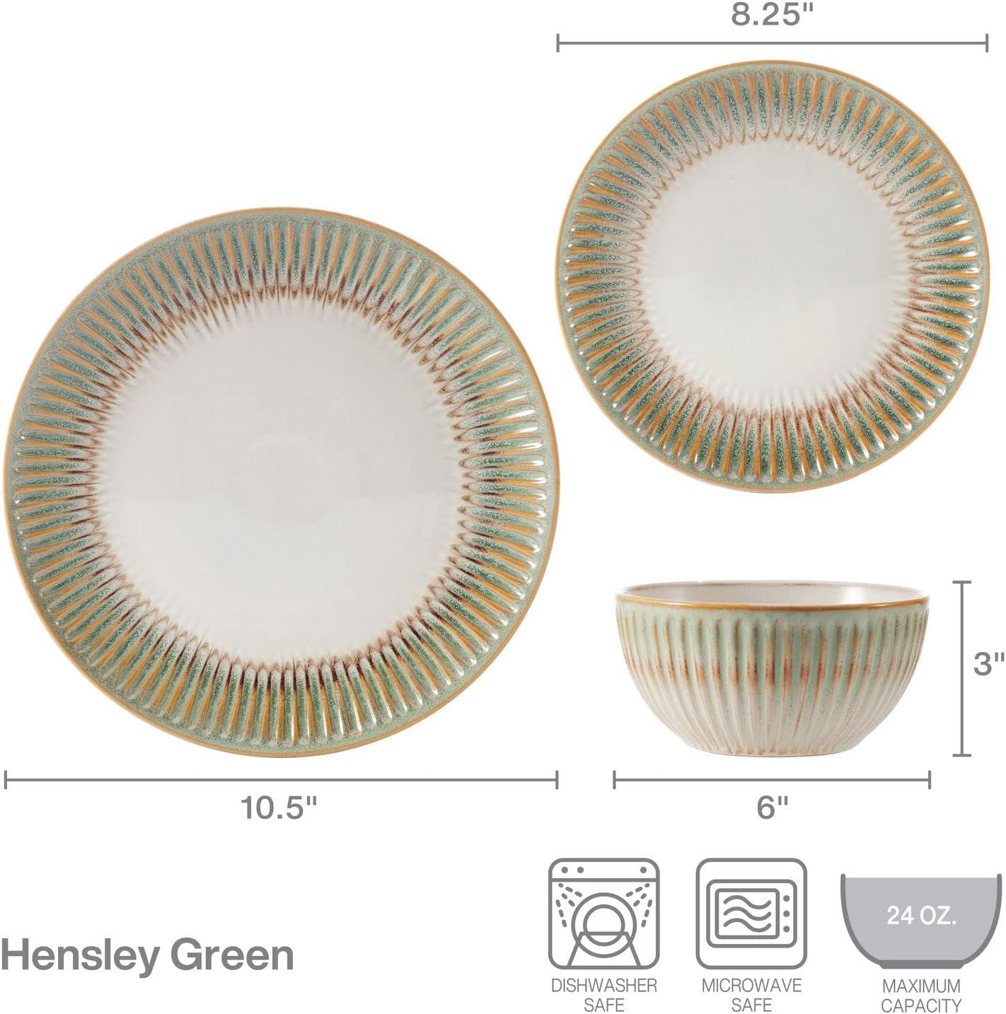 Hensley Green and White 12-Piece Stoneware Dinnerware Set for 4