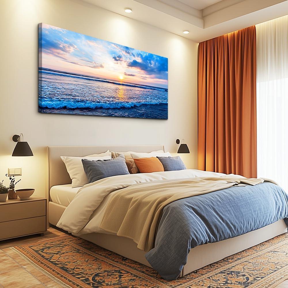 Creowell Wall Art Moon Sea blue Ocean Landscape Paintings Bedroom Canvas Art Print wall art for living room Paintings for Wall Decor and Home Decor -20x16 Inch