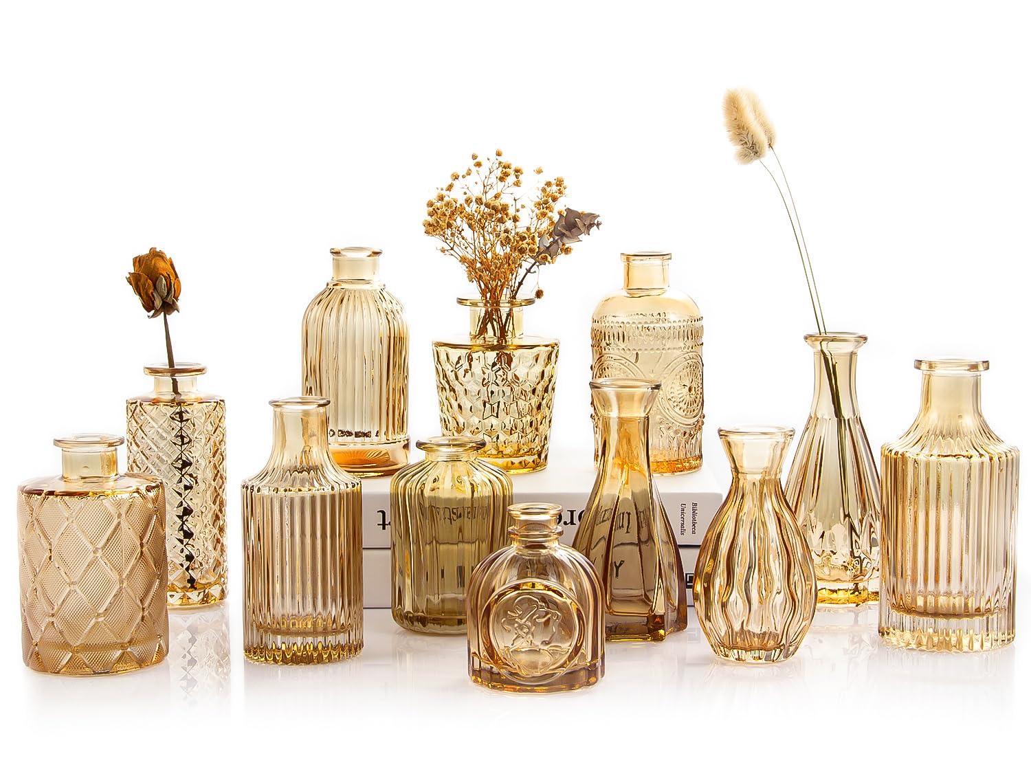 Gold Amber Glass Bud Vases Set of 12, Small Vases for Flowers, Champagne Mini Vintage Vases for Centerpieces,Bud Vase in Bulk for Wedding Decor,Single Flowers,Office and Home Table Flower Décor