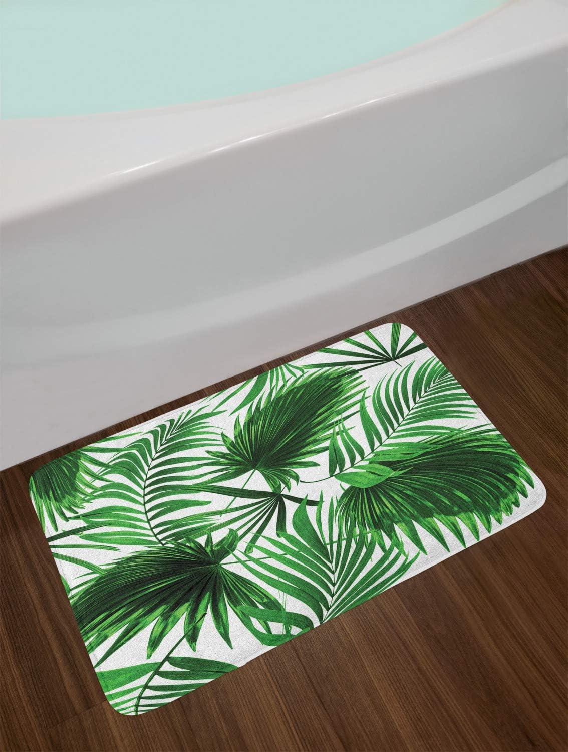 Palm Leaf Bath Mat, Realistic Vivid Leaves of Palm Tree Growth Ecology Lush Botany Themed Print, Non-Slip Plush Mat Bathroom Kitchen Laundry Room Decor, 29.5 X 17.5 Inches, Fern Green White, Ambesonne