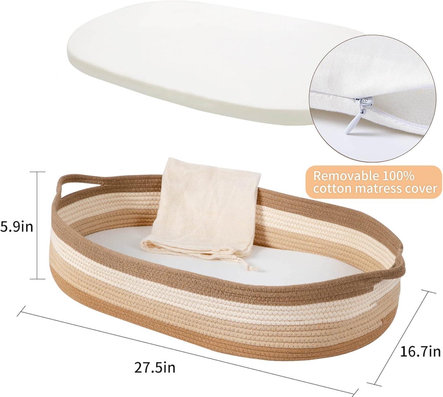 Baby Changing Basket in Boho Rainbow Color - Changing Table Topper and Thick Foam Pad with Removable Cotton Mattress Cover, 100% Cotton