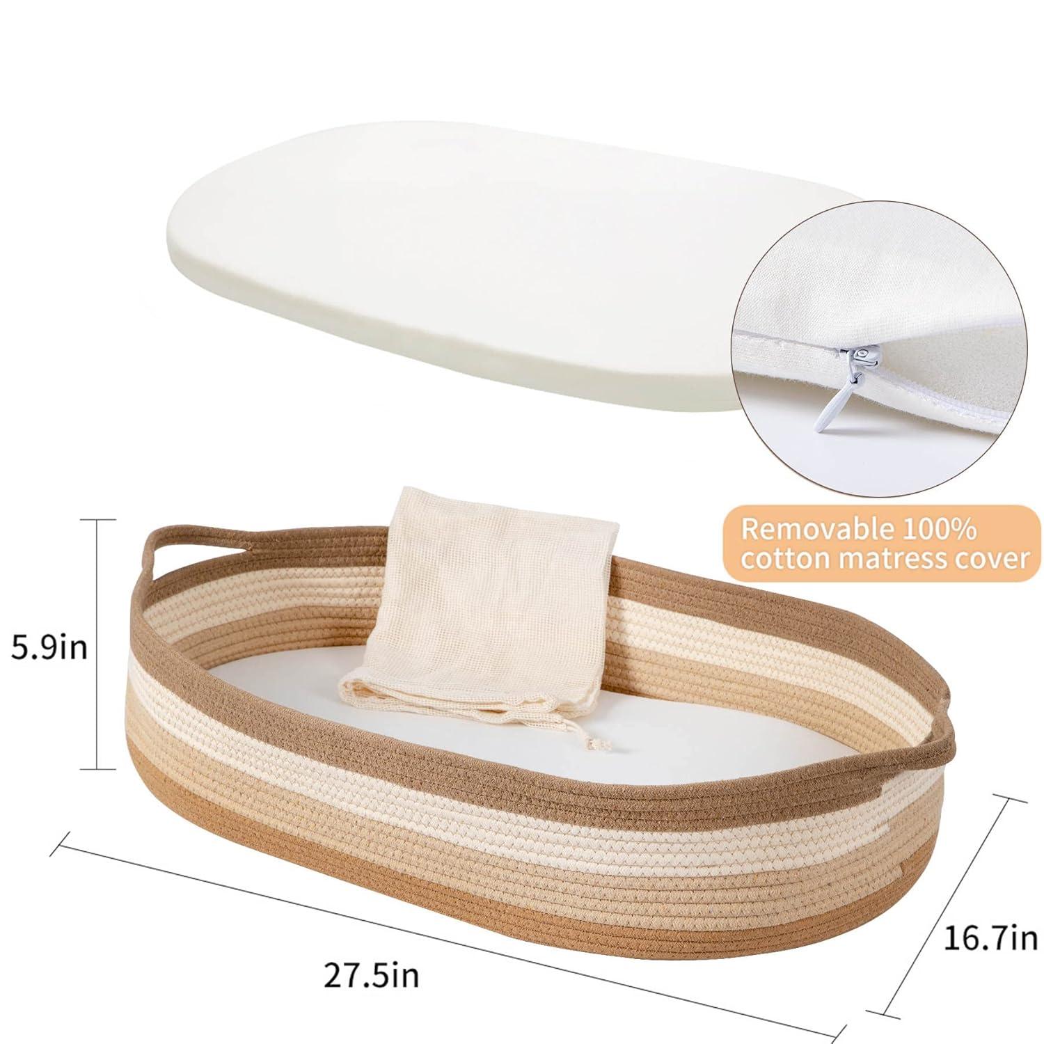 Baby Changing Basket in Boho Rainbow Color - Changing Table Topper and Thick Foam Pad with Removable Cotton Mattress Cover, 100% Cotton