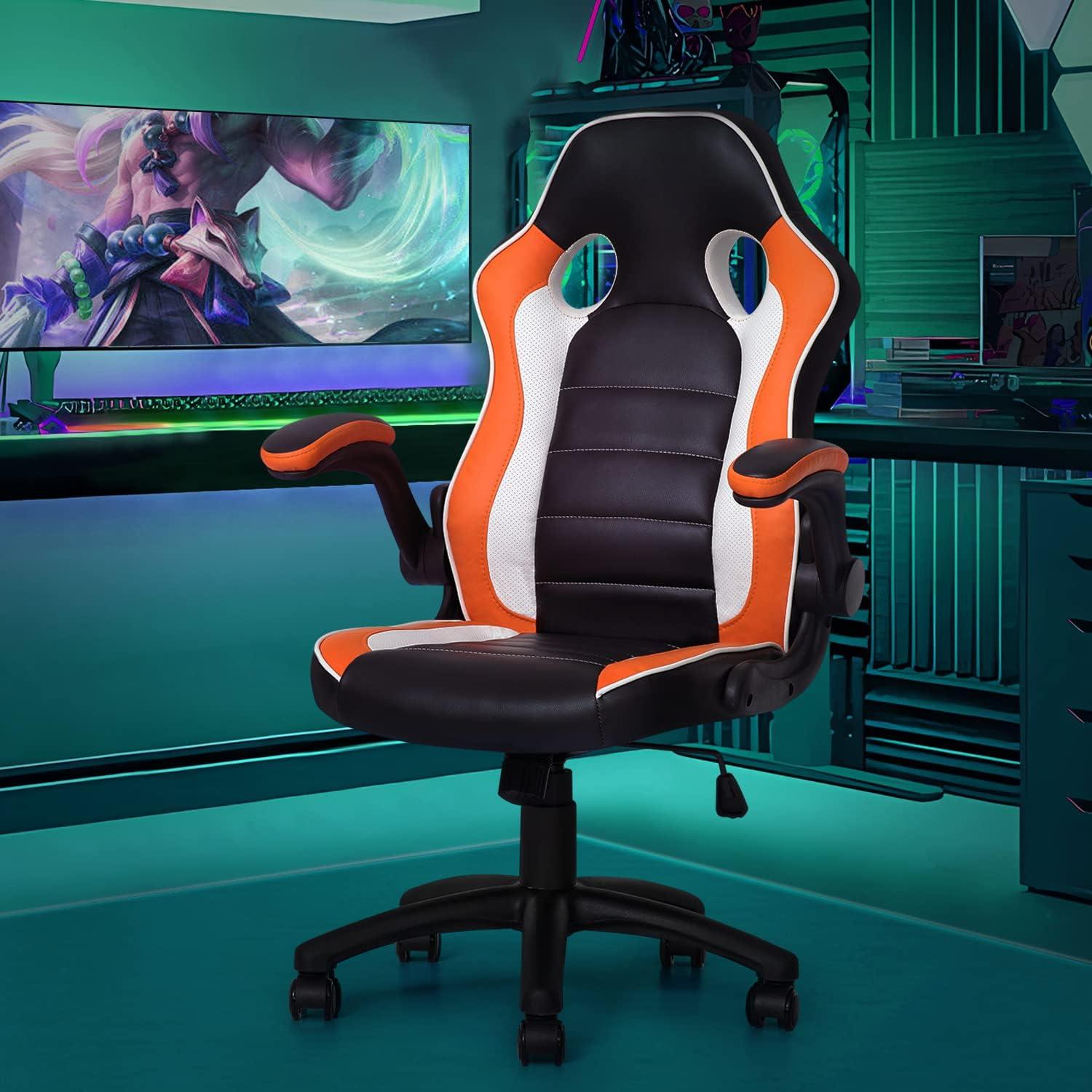 MoNiBloom Swivel PC Game Chair + PVC Mat, High-Back with Adjustable Handrail, Orange