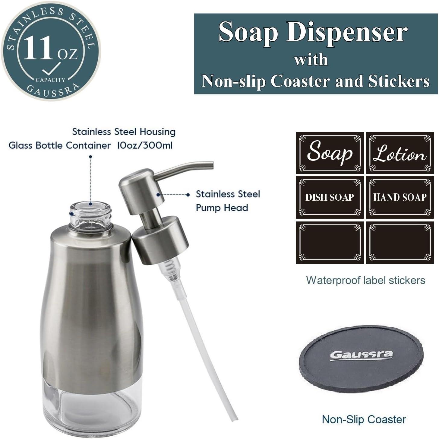 Gaussra Soap Dispenser with Non-Slip Coaster，Brushed Nickel Stainless Steel Case Glass Liner Hand Pump Dispense for Refillable Liquid for Bathroom & Kitchen (11OZ / 320ML) C31