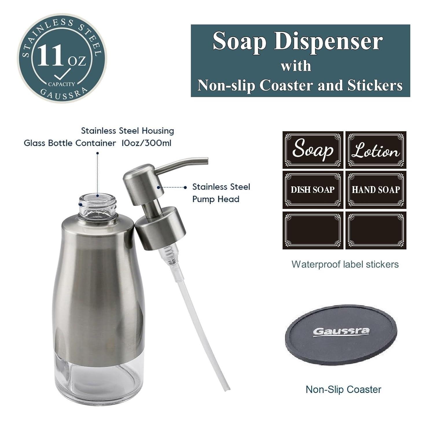 Soap Dispenser with Coaster and Stickers, Brushed Nickel Stainless Steel Case Glass Liner Hand Pump Dispenser, Refillable Liquid Hand Soap Dispenser for Bathroom & Kitchen (11OZ / 320ML)