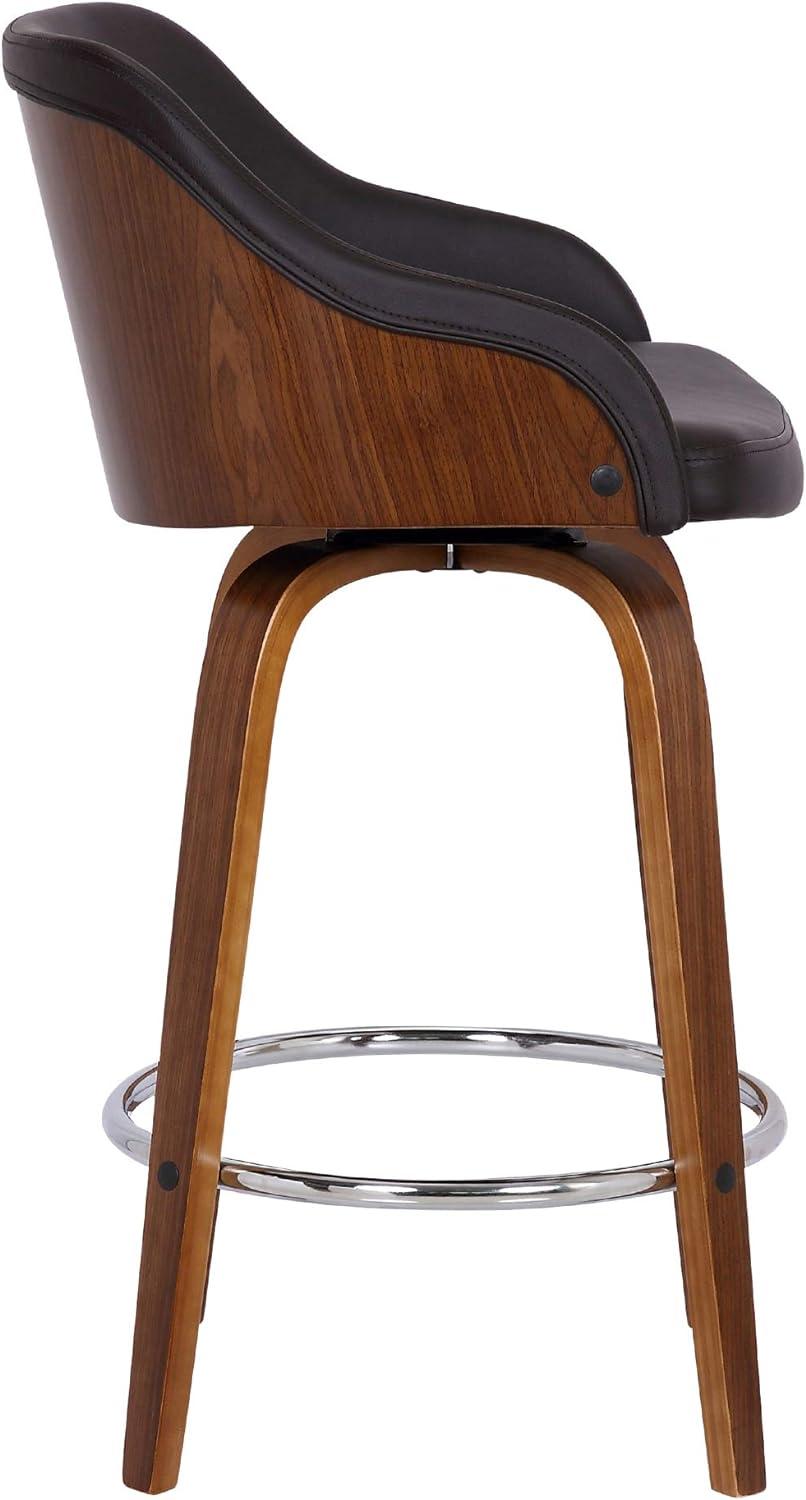 Alec 30" Walnut Wood and Brown Faux Leather Swivel Bar Stool