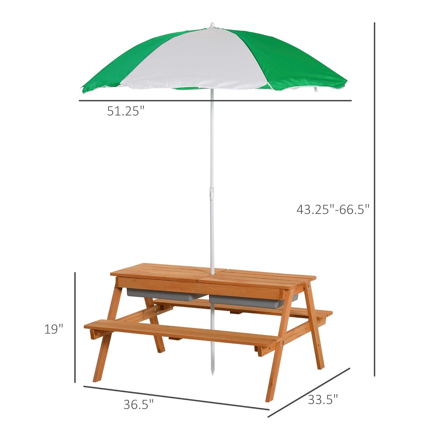 Outsunny Kids Sand & Water Activity Table, Picnic Table Set Wooden Bench with Sandbox Removable & Height Adjustable Umbrella for Outdoor Garden Patio