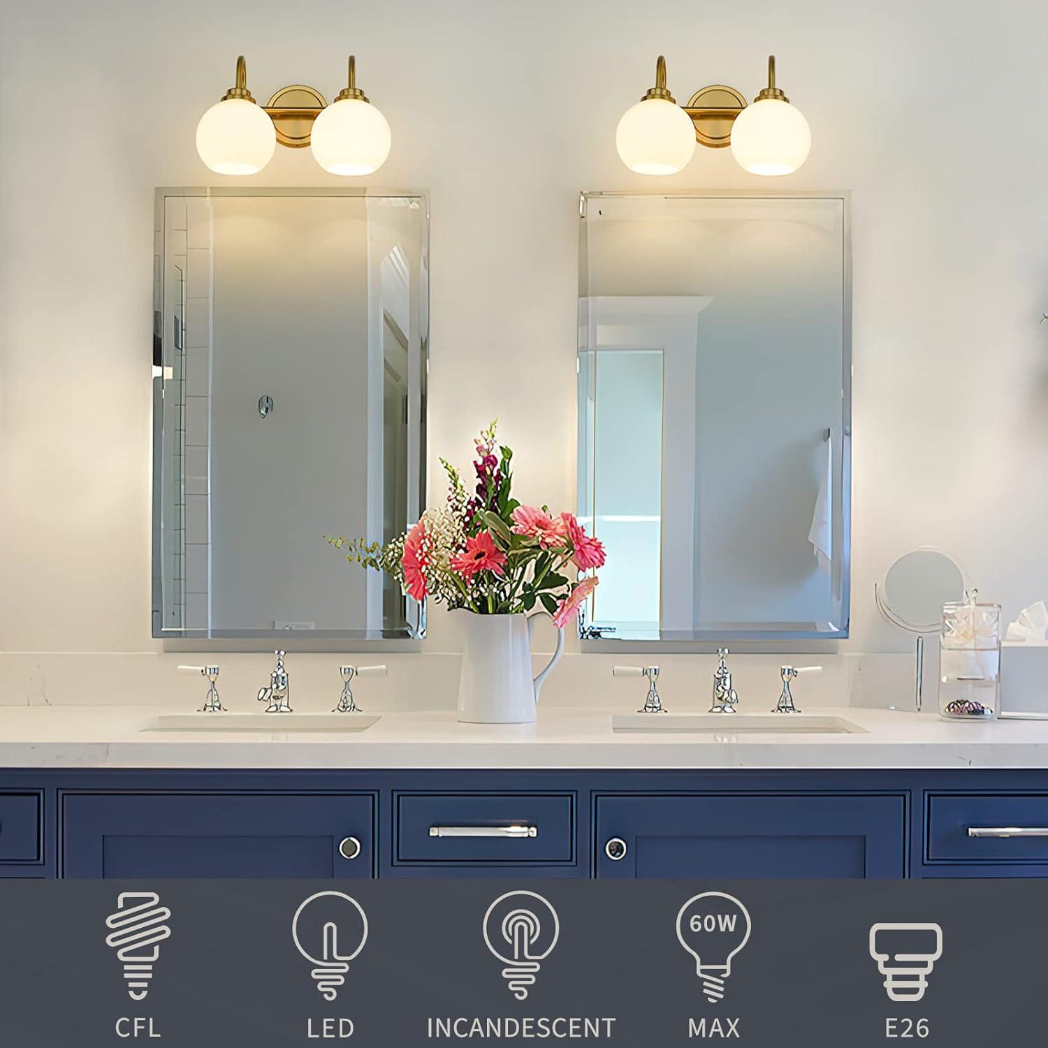 14.17 in. 2-Light Gold Vanity Light with Milk White Glass Shade, Suitable for Bathrooms Dining Room Powder Rooms