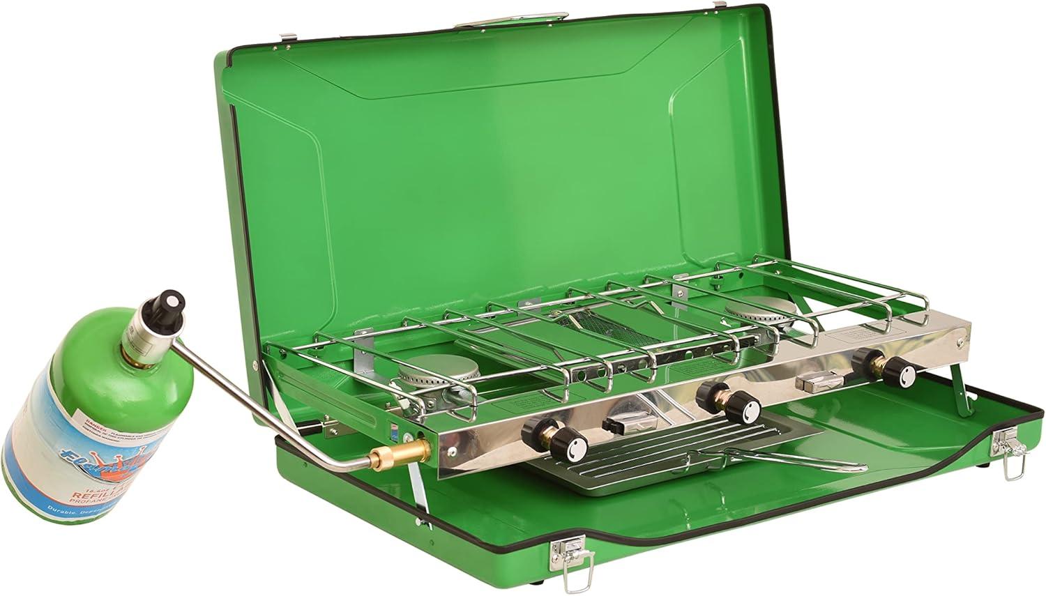 Flame King 3-Burner Portable Camping Stove Grill w/ Toast Tray, Compatible with 1LB Propane Tanks