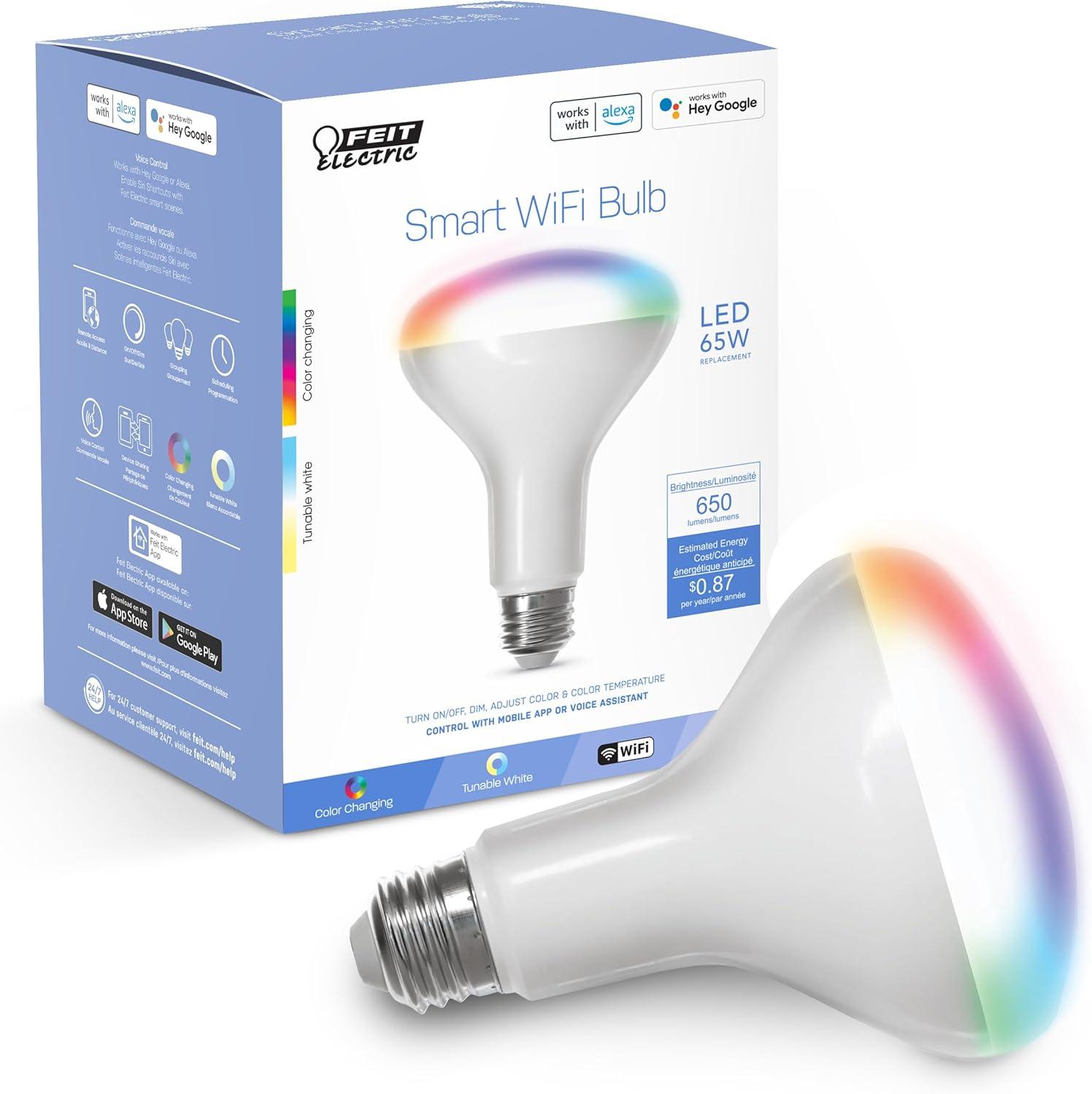 Feit Electric Smart LED Bulb 65W Equivalent Full Color/Tunable White, BR30, Med E26 Base, Dimmable