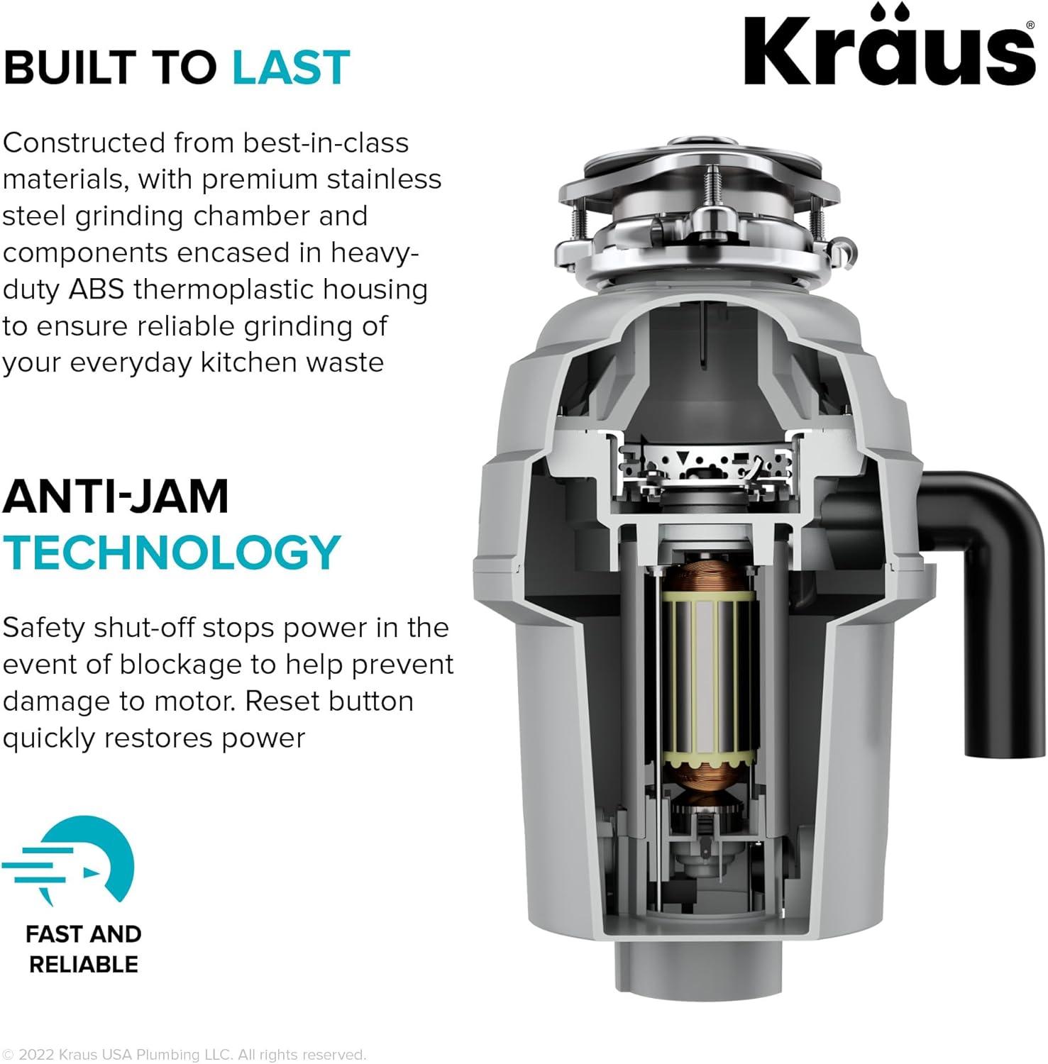 Kraus KRAUS Wasteguard High-Speed 3/4 HP Continuous Feed Ultra-Quiet Motor Garbage Disposal With Power Cord And Flange Included And Universal Mount, KWD210-75MGR