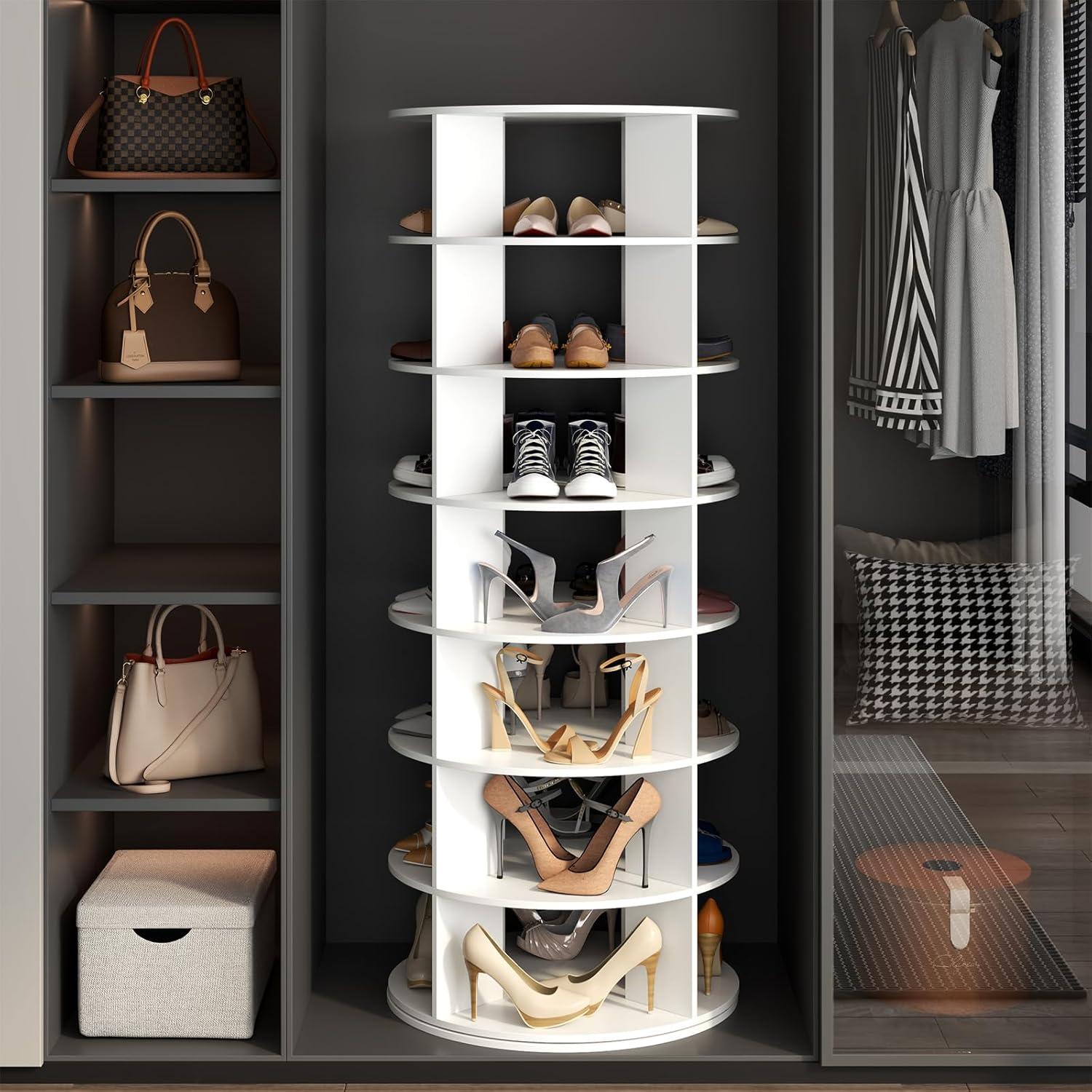 7 Tier Rotating Shoe Rack Tower, Revolving Shoe Rack Storage, Round Carousel Vertical Handbag and Shoe Organizer ,White-SpaceAid®