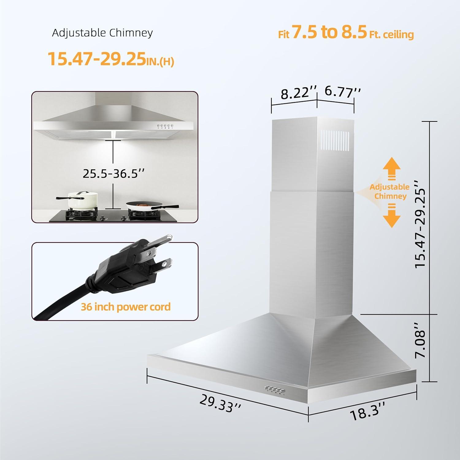 FIREGAS Range Hood 30 inch Wall Mount Type with Ducted/Ductless Convertible, 450 CFM Stainless Steel Chimney-Style Kitchen Hood, Over Stove Vent Hood with 3 Speed Fan, LED Light, Charcoal Filters