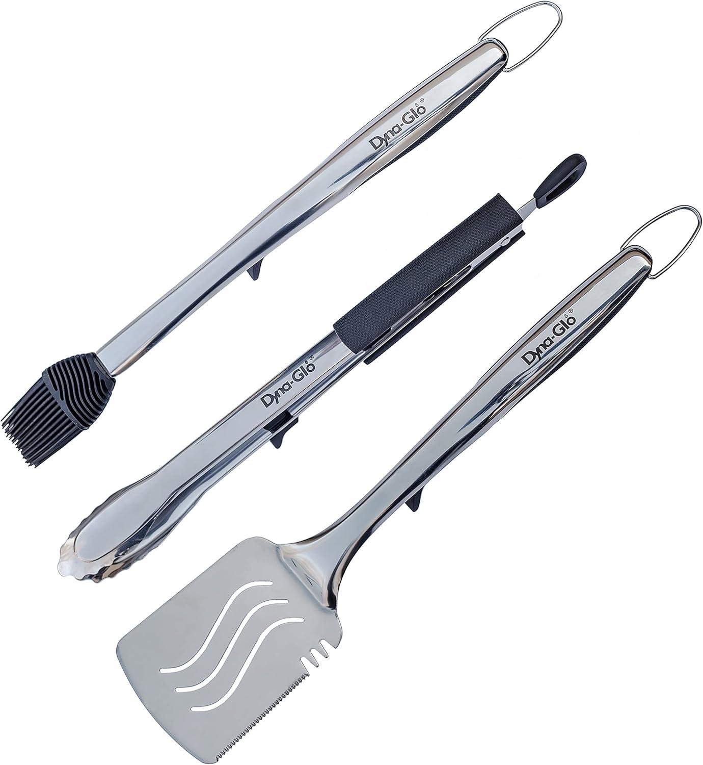 3PC Stainless Steel Grill Set. Tong, Spatula, Basting Brush - W. Stands