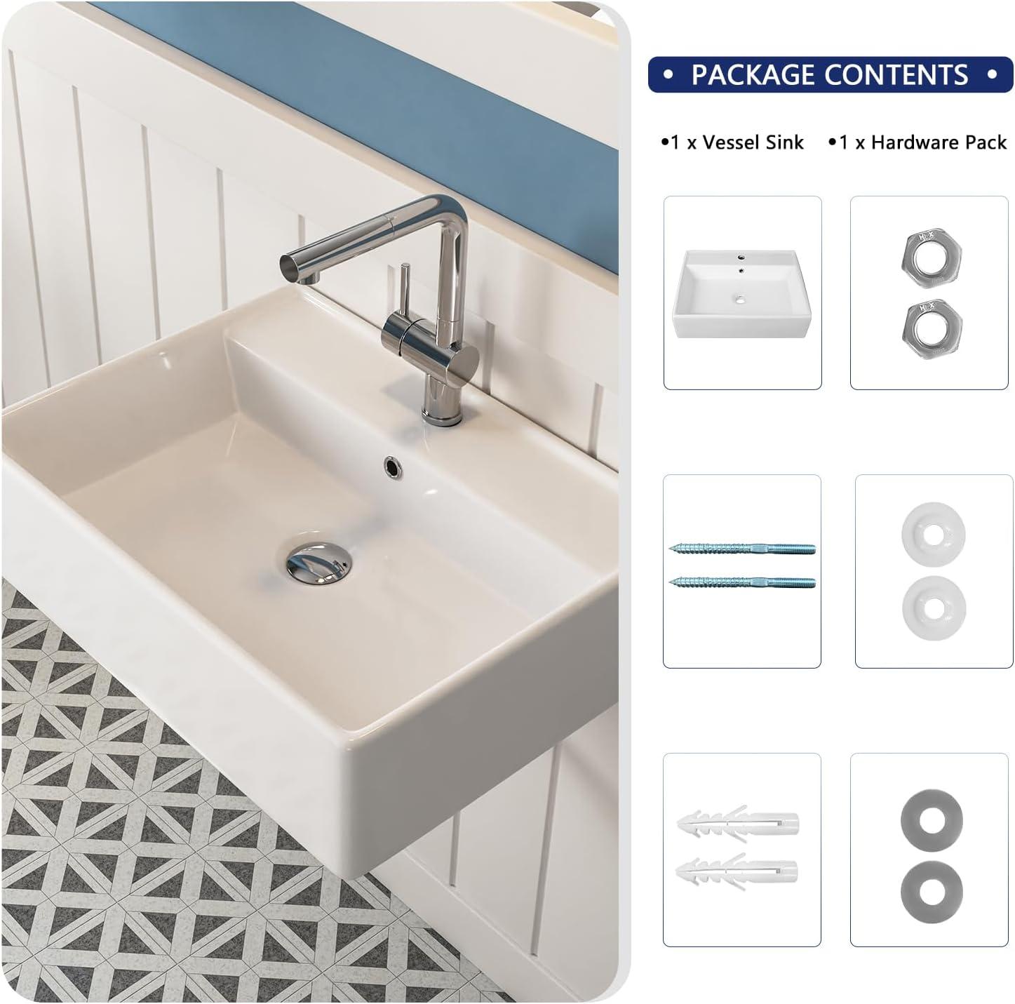 23'' x 18'' White Rectangular Vitreous China Wall Mount Bathroom Sink with Overflow
