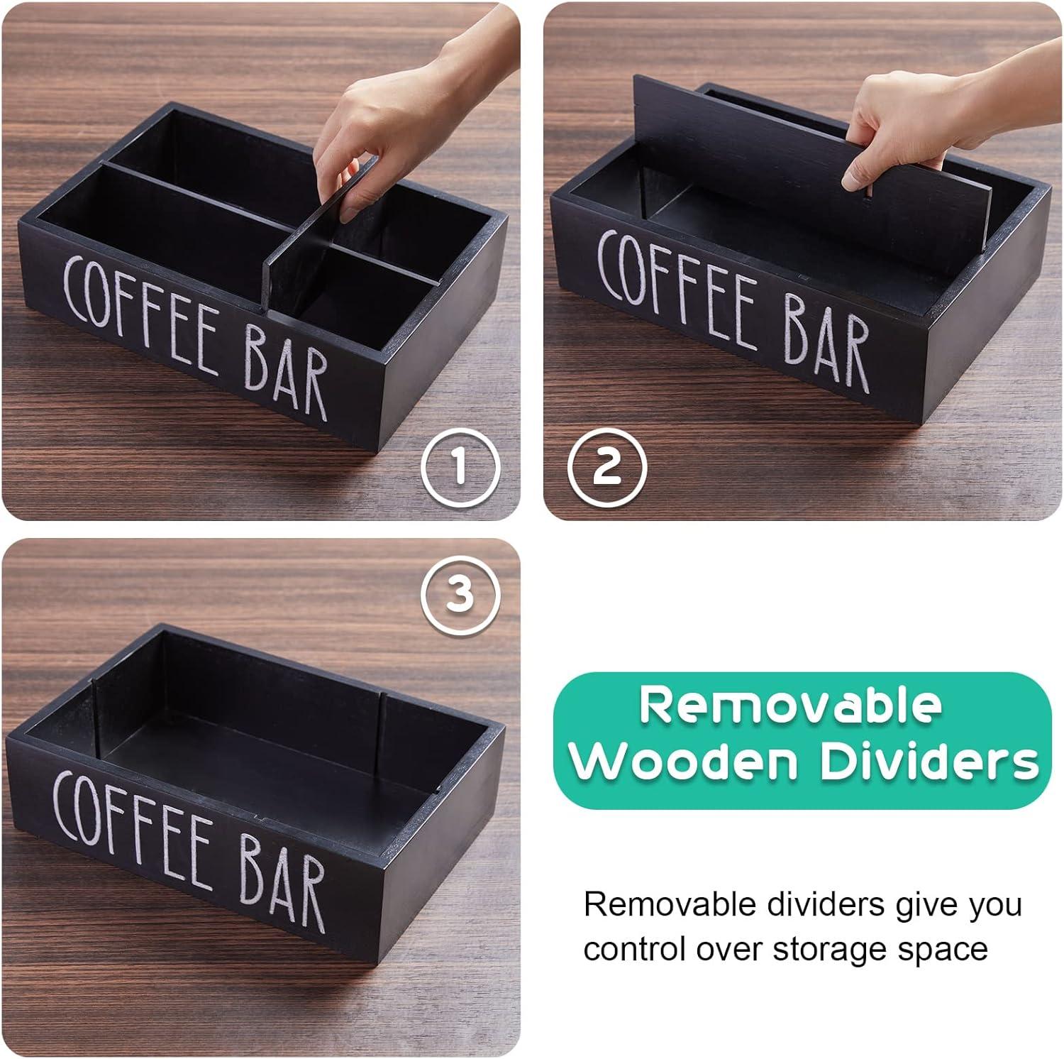 Coffee Station Organizer With Removable Dividers - Wood Bar Accessories Organizer For Countertop - Pod Holder Basket For Sugar Tea - Black Table Decor