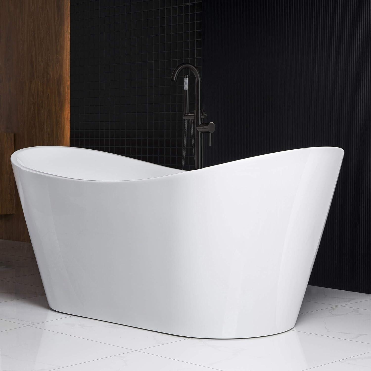 67'' White Acrylic Freestanding Soaking Bathtub with Matte Black Overflow and Drain