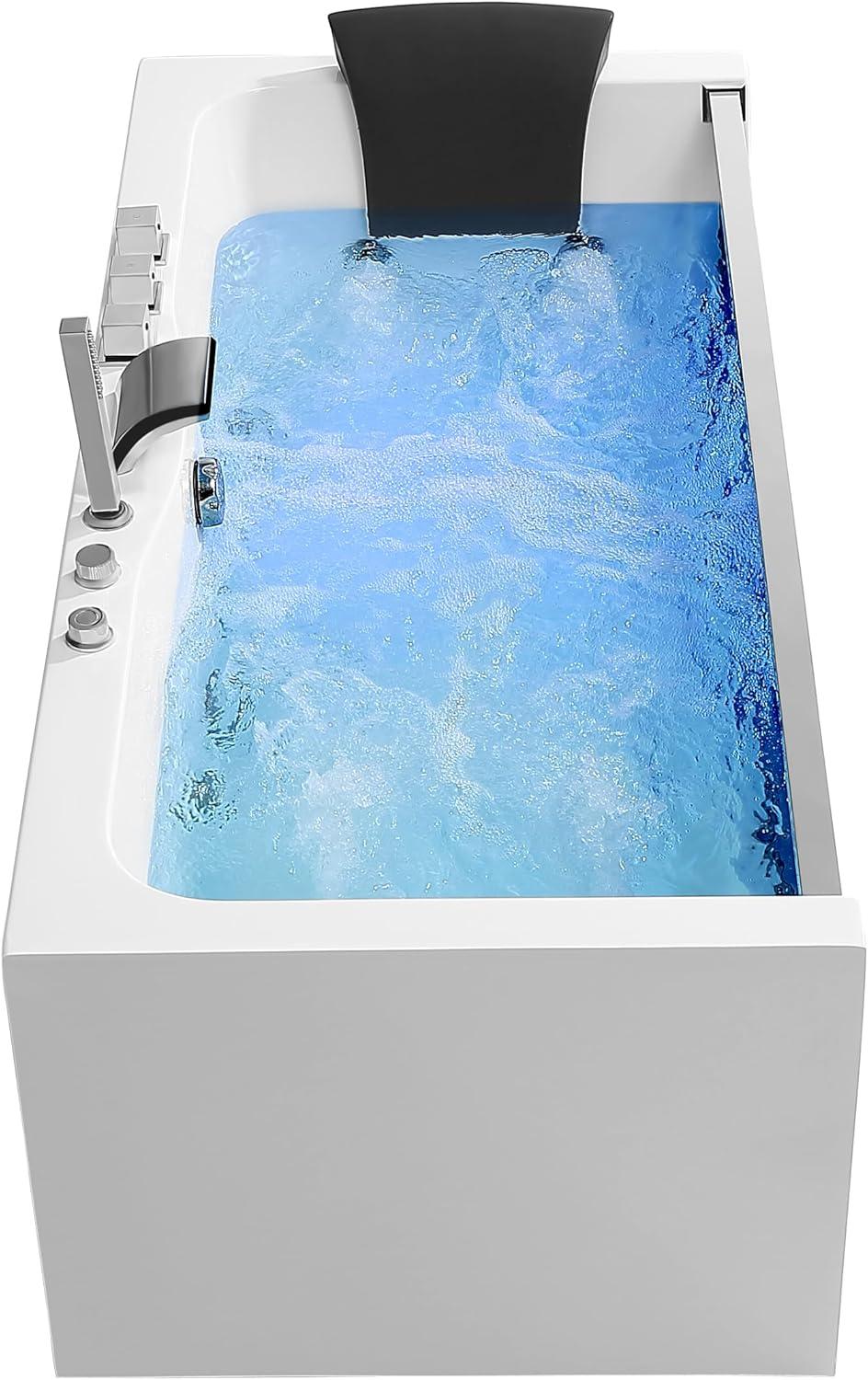 59-Inch White Acrylic Rectangular Whirlpool Bathtub with Jets and Blue Glass Panel