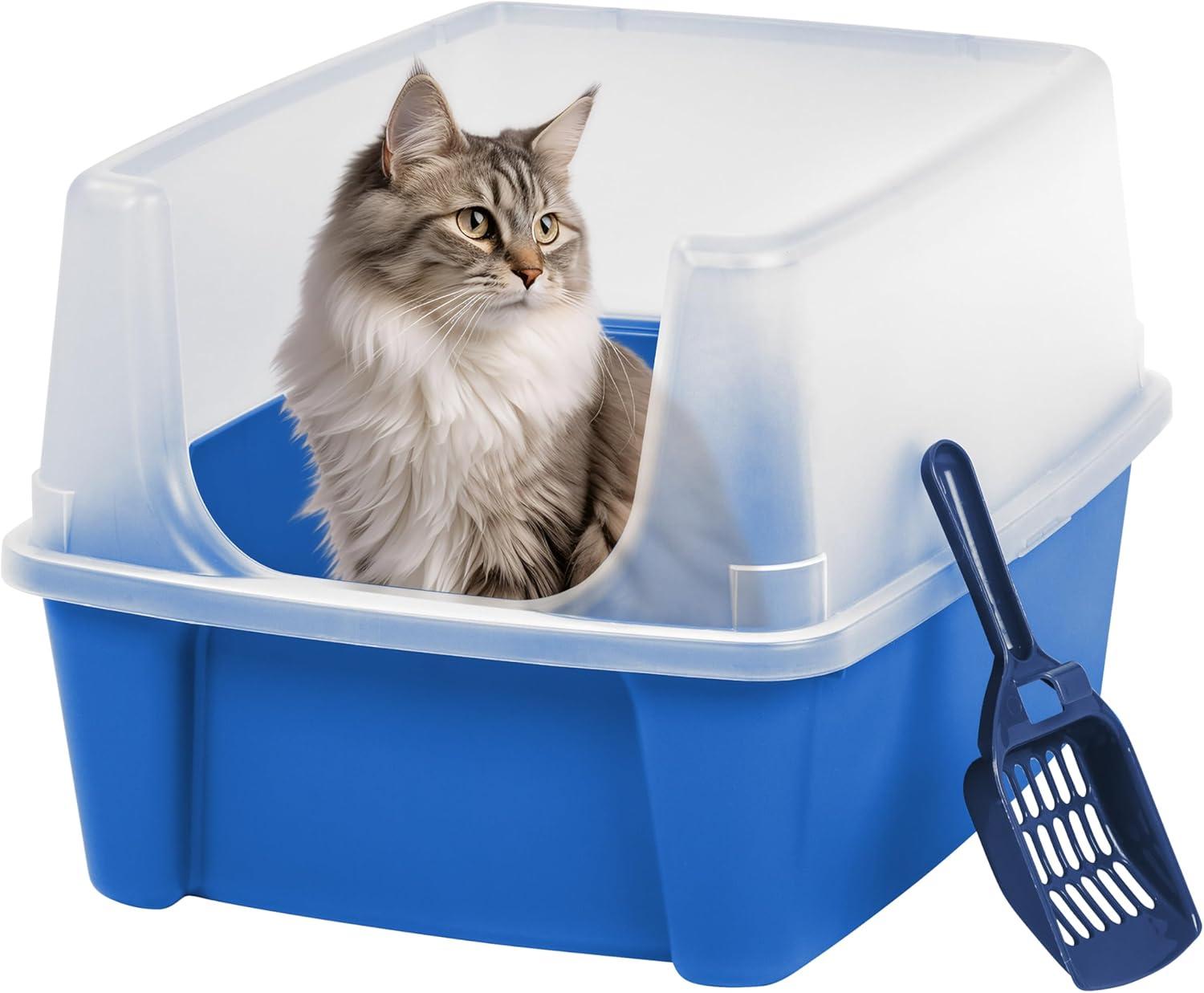 IRIS USA IRIS USA Open Top Cat Litter Tray with Scoop and Scatter Shield, Cat Litter Pan, Blue