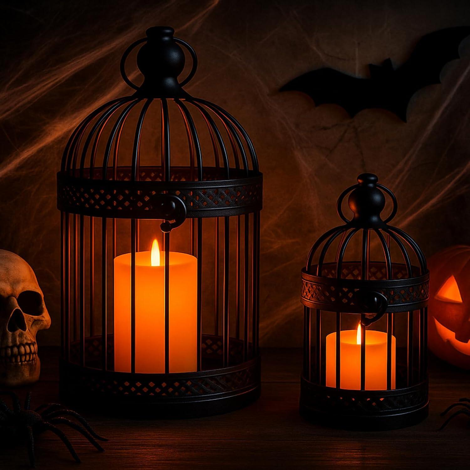 VELA LANTERNS Bird Cage Decor Candle Holder Lantern Decorative Table Centerpiece Halloween Decorations, 10" and 6" Tall, Black, Set of 2