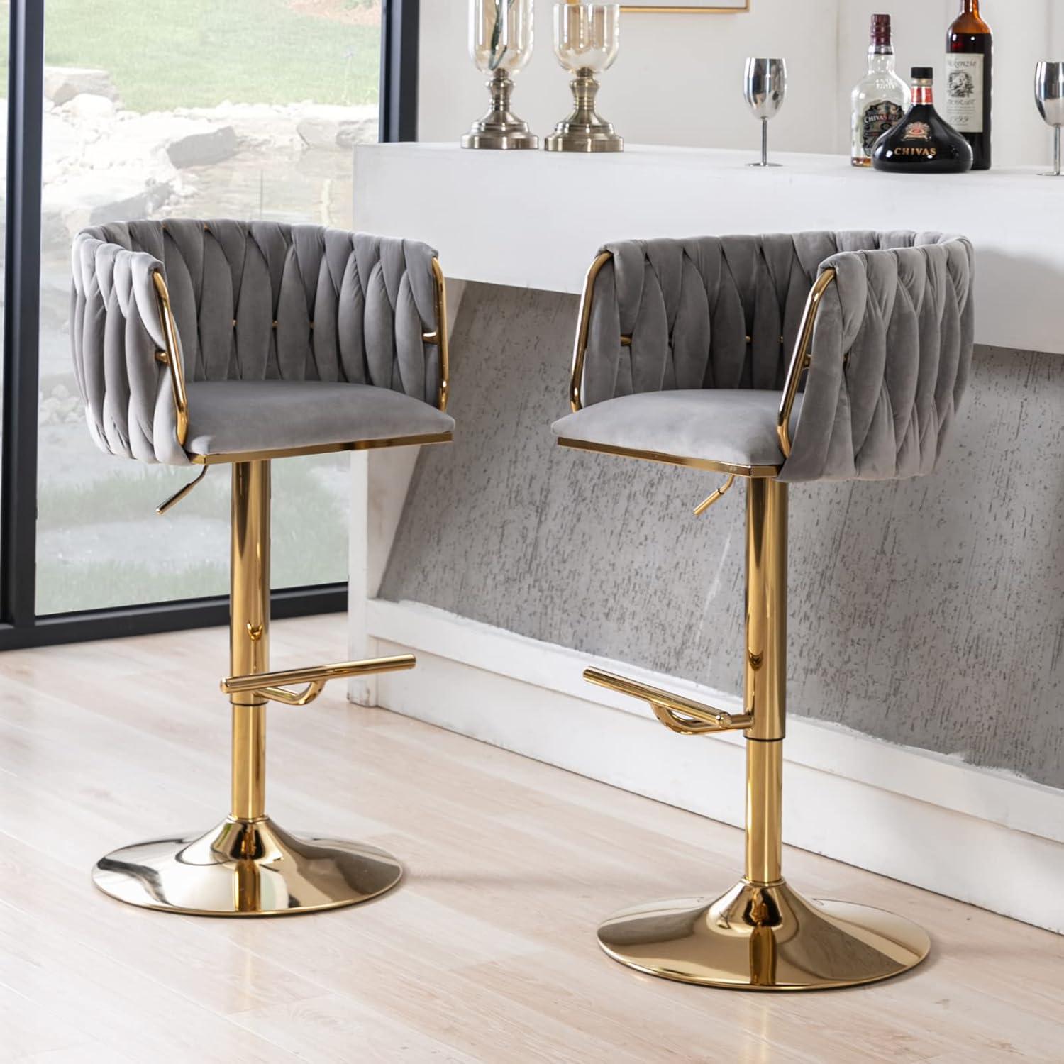 Velvet Bar Stools Set of 2, Counter Height Bar Stools with Low Back, Gold Swivel Barstools for Kitchen Island, Bar Pub (Grey)