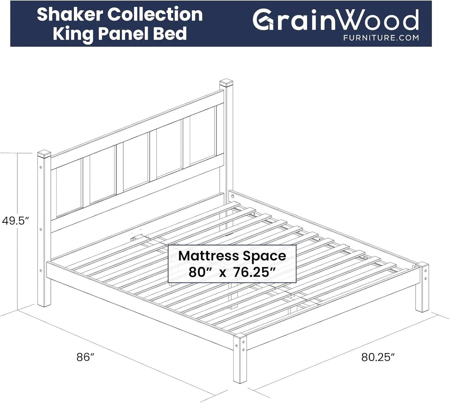 Grain Wood Furniture Shaker Solid Wood Panel Platform Bed, King Size, Walnut
