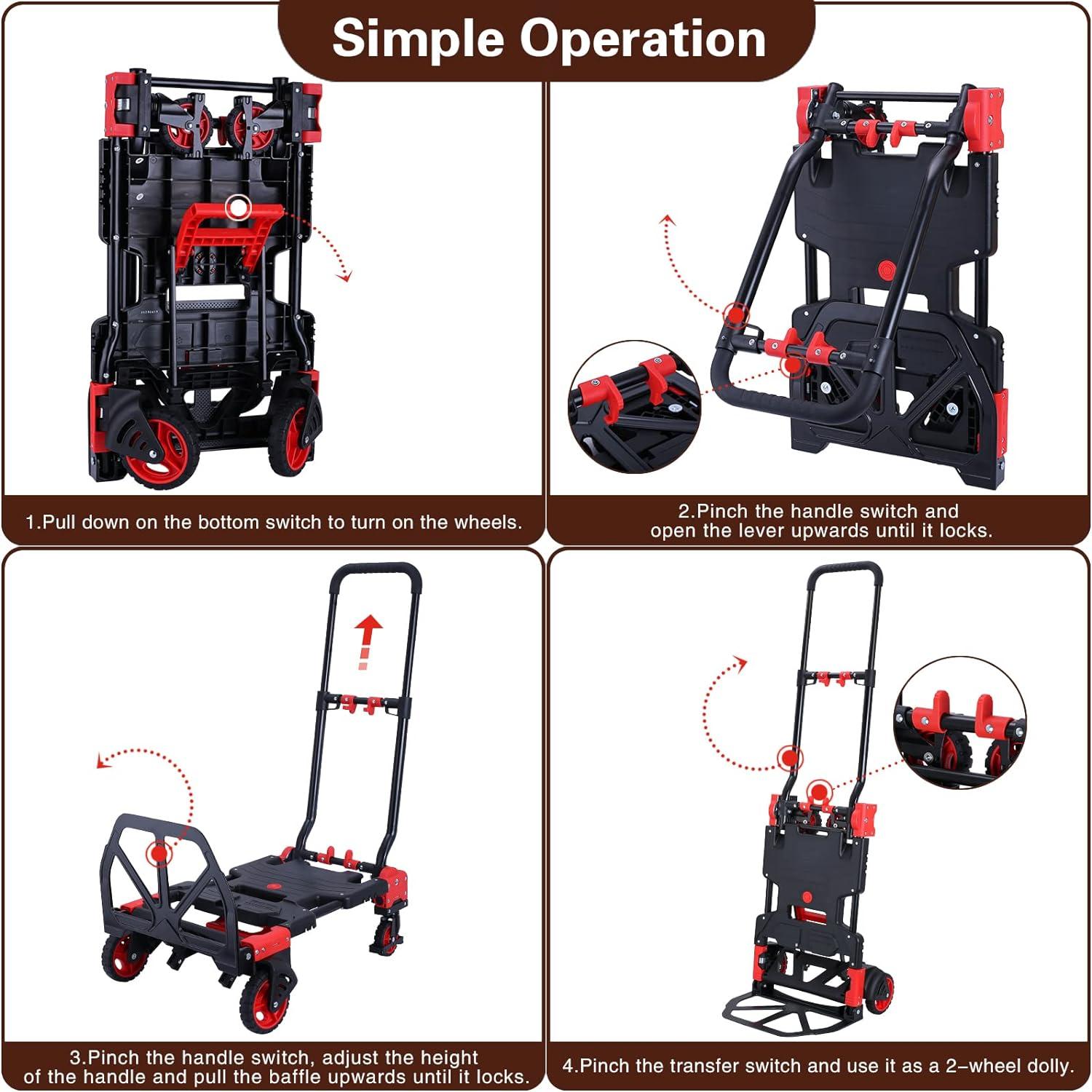 Arlopu 2 in 1 Foldable Hand Truck Dolly with Basket, 330LBS Capacity Folding Hand Cart Platform Cart Dolly with Retractable Handle, Rubber Wheels and 2 Elastic Ropes