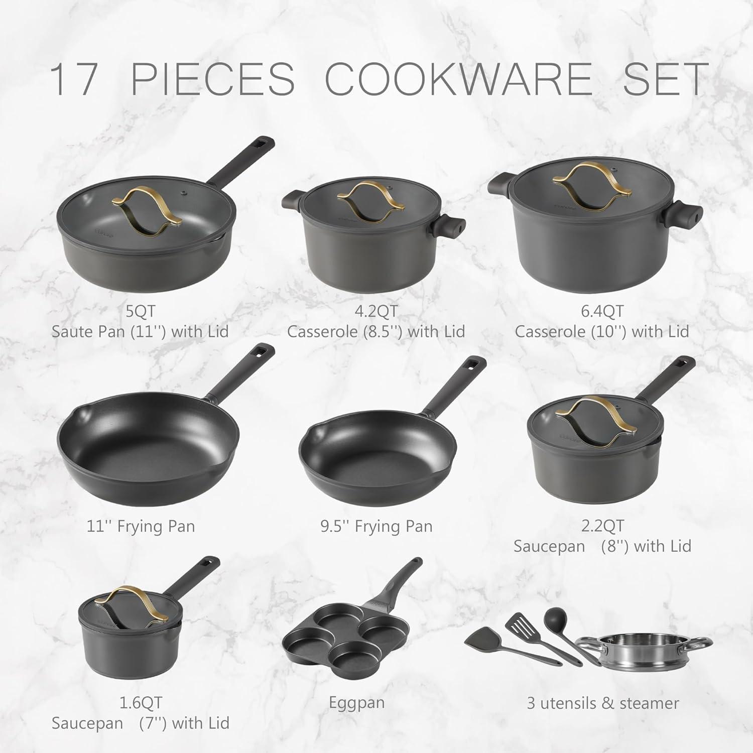 Carote 16 Pcs Nonstick Cookware Sets, Premium Pots and Pans Set, Easy to Clean, Grey and Gold