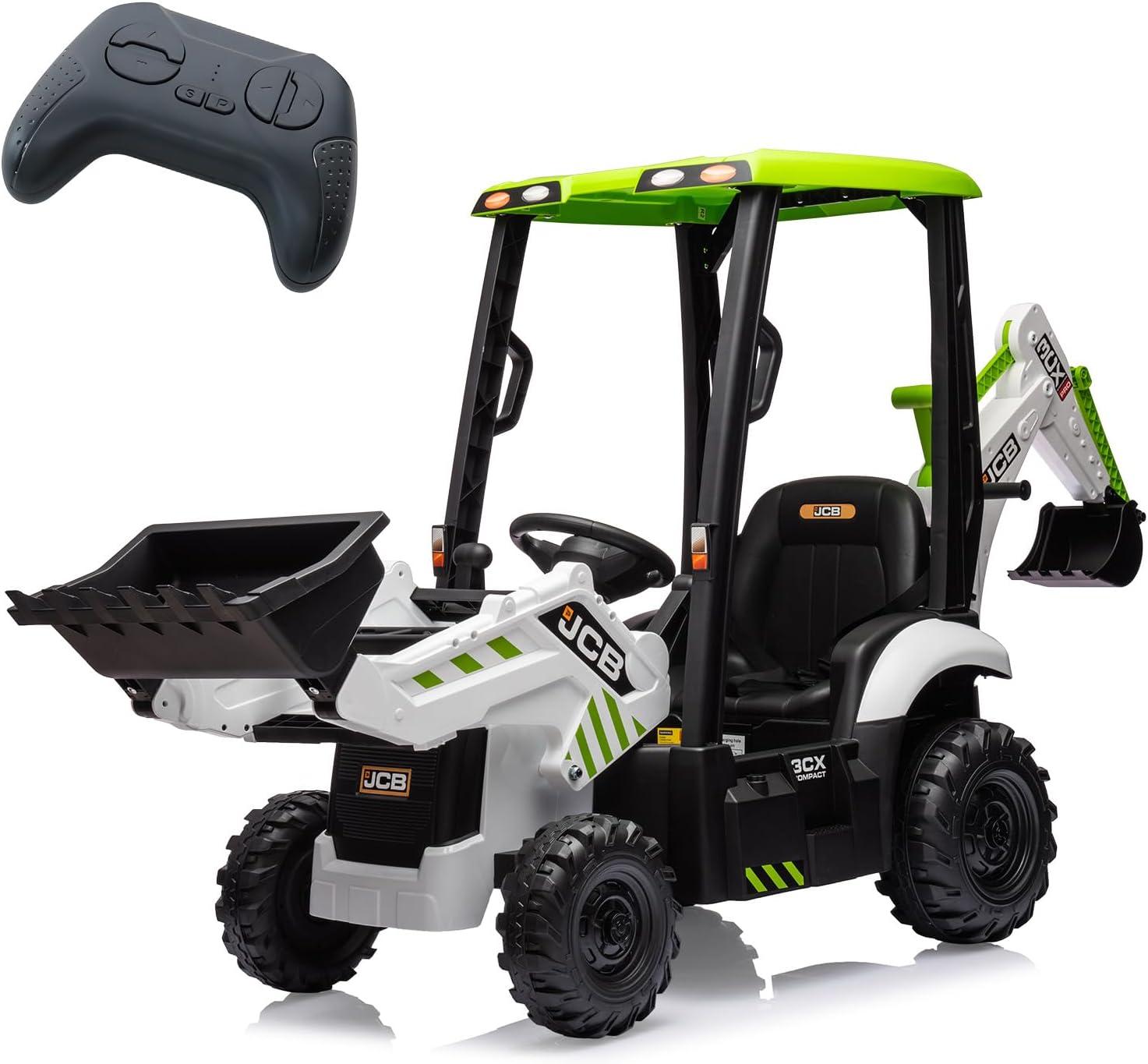 12V White and Green Kids Ride-On Excavator with Remote Control